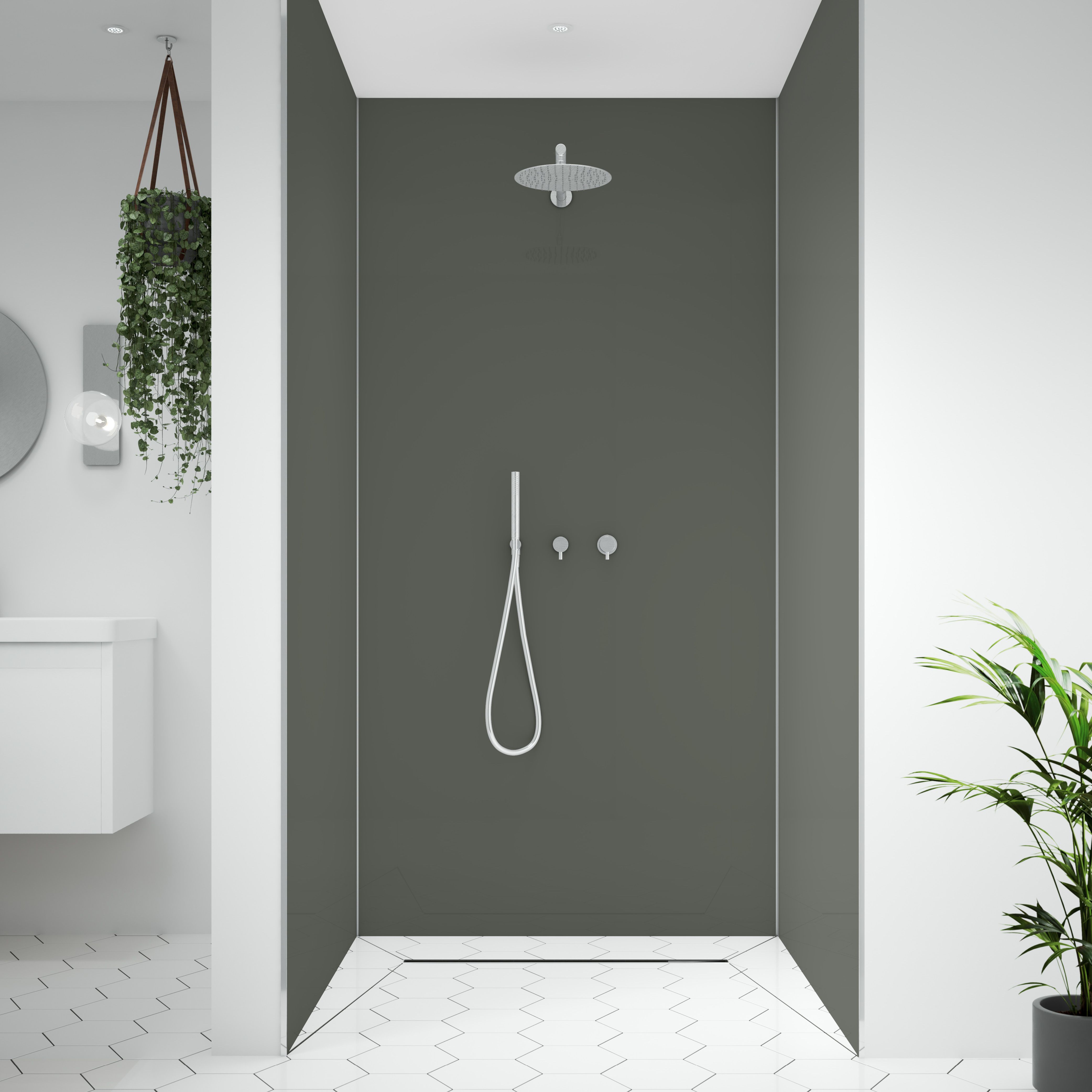 Splashwall Alloy 3 panel Aluminium Double-sided Bathroom & wet room Decorative panel kit (L)2440mm (W)1220mm - Seafoam green & Battleship grey