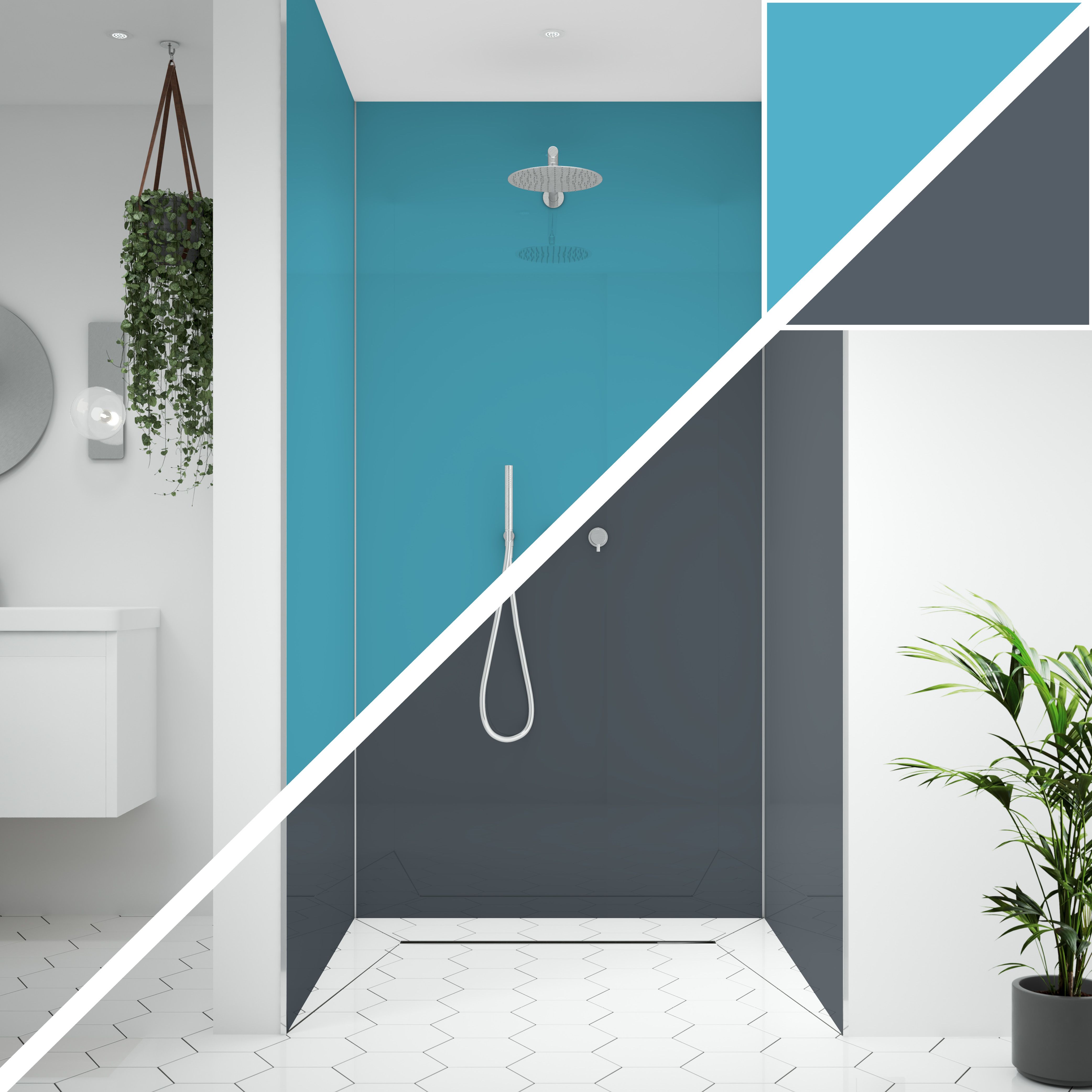 Splashwall Alloy 3 panel Aluminium Double-sided Bathroom & wet room Decorative panel kit (L)2440mm (W)1220mm - Turquoise & Slate grey