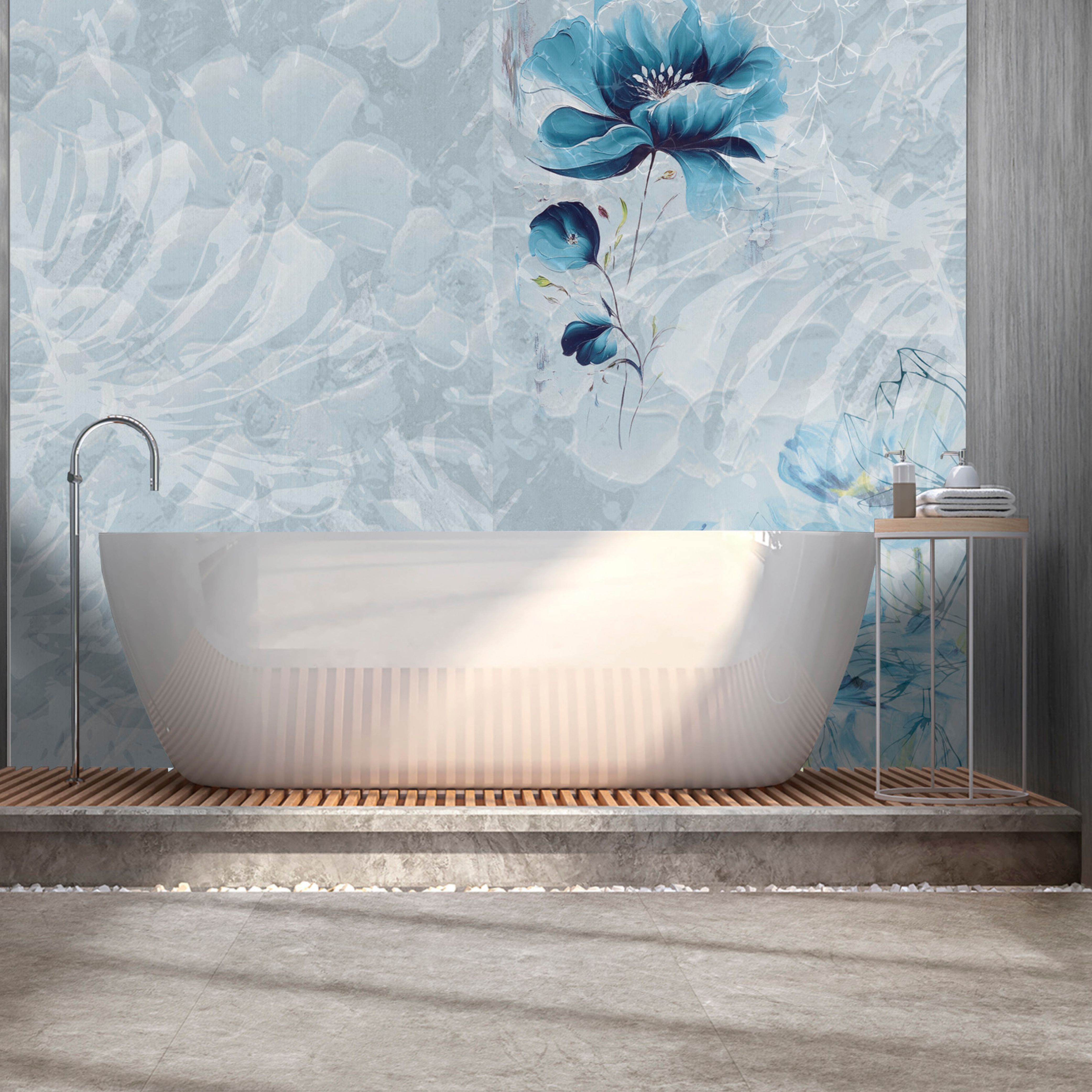 Splashwall Alloy Aluminium Bathroom & wet room Decorative panel (H)2440mm (W)1220mm - Gloss Blue Botanical Flowers