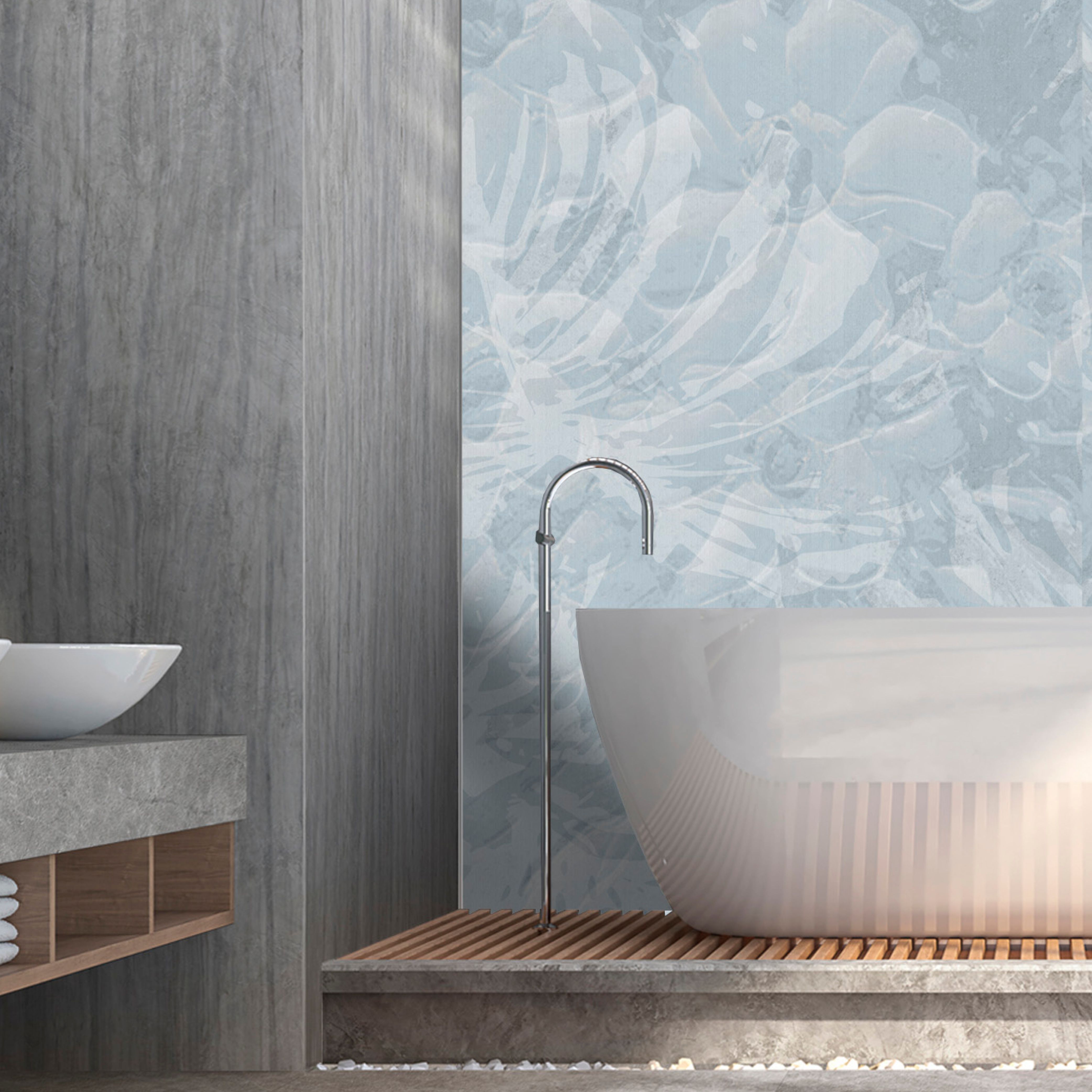 Splashwall Alloy Aluminium Bathroom & wet room Decorative panel (H)2440mm (W)1220mm - Gloss Blue Botanical