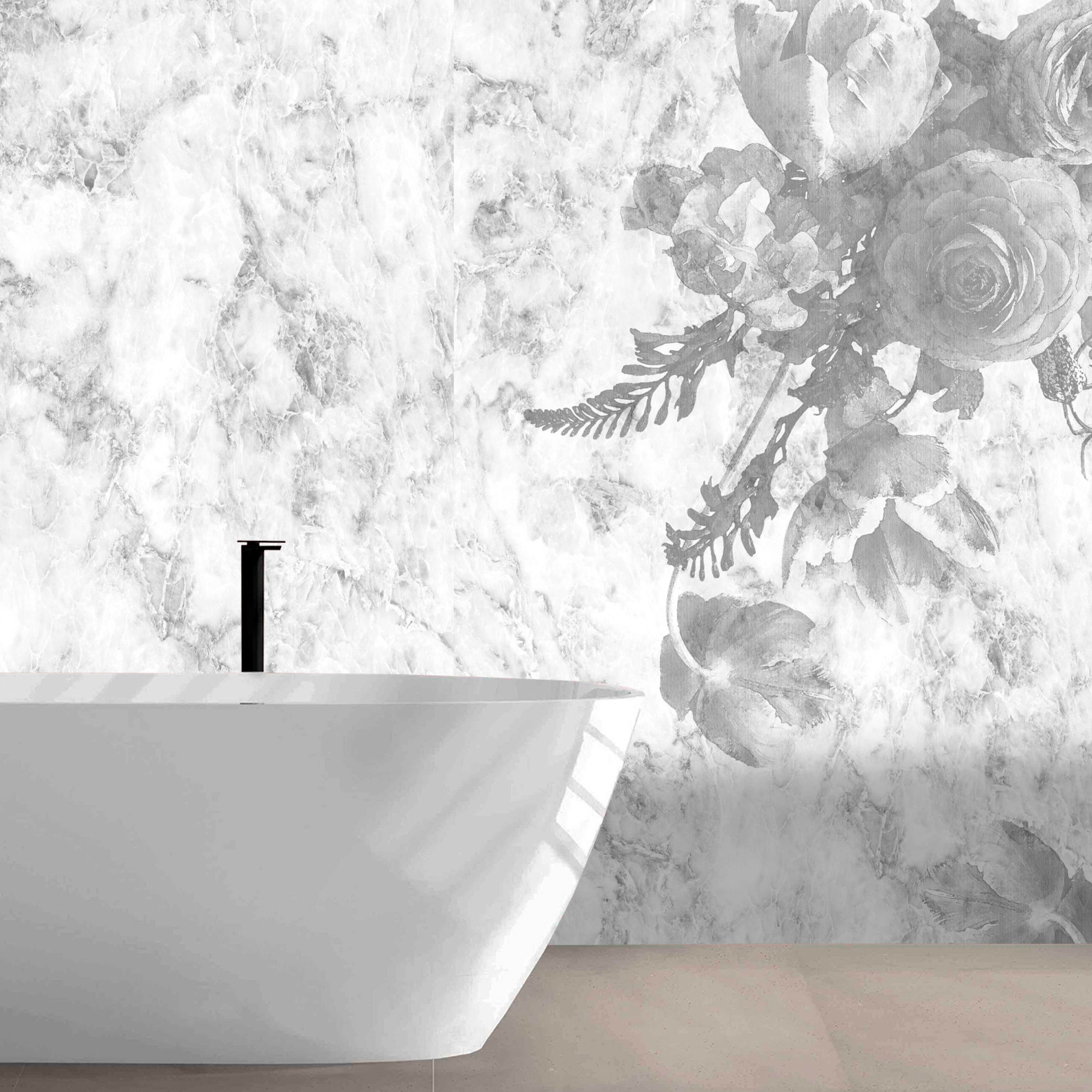 Splashwall Alloy Aluminium Bathroom & wet room Decorative panel (H)2440mm (W)1220mm - Gloss Nebbiosa Flowers
