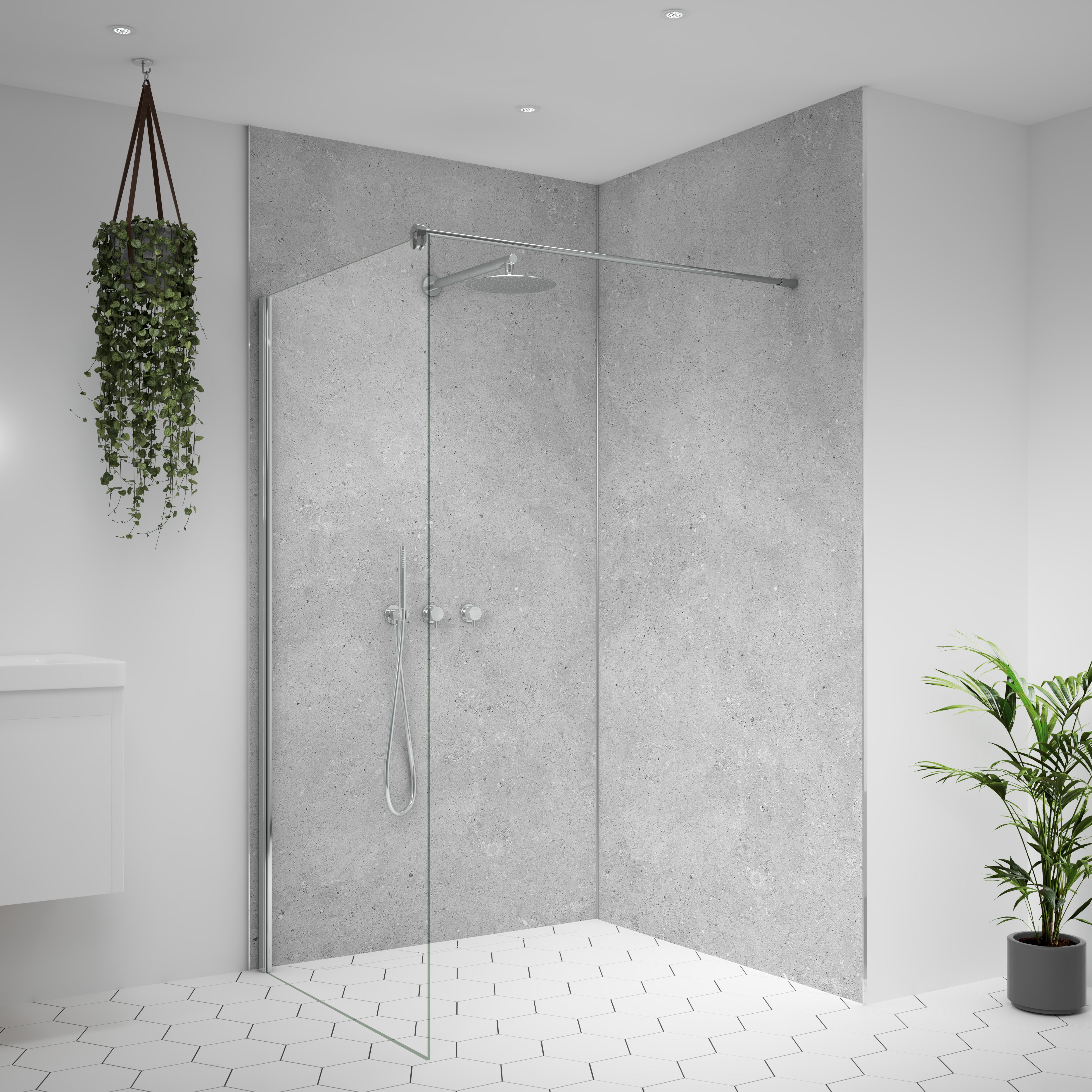 Splashwall Alloy Aluminium Bathroom & wet room Decorative panel (H)2440mm (W)1220mm - Matt Fossil Stone effect