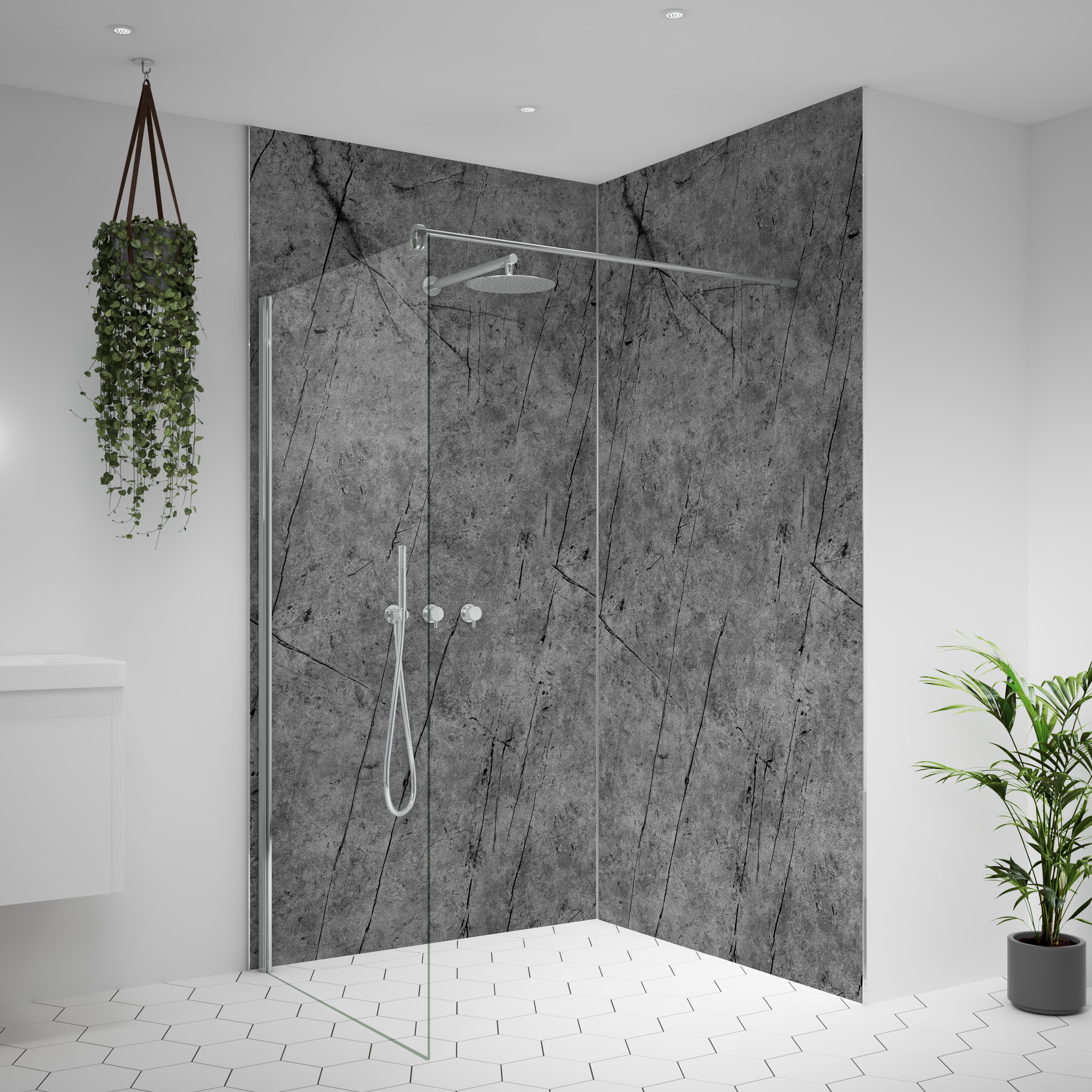 Splashwall Alloy Aluminium Bathroom & wet room Decorative panel (H)2440mm (W)1220mm - Matt Tempesta