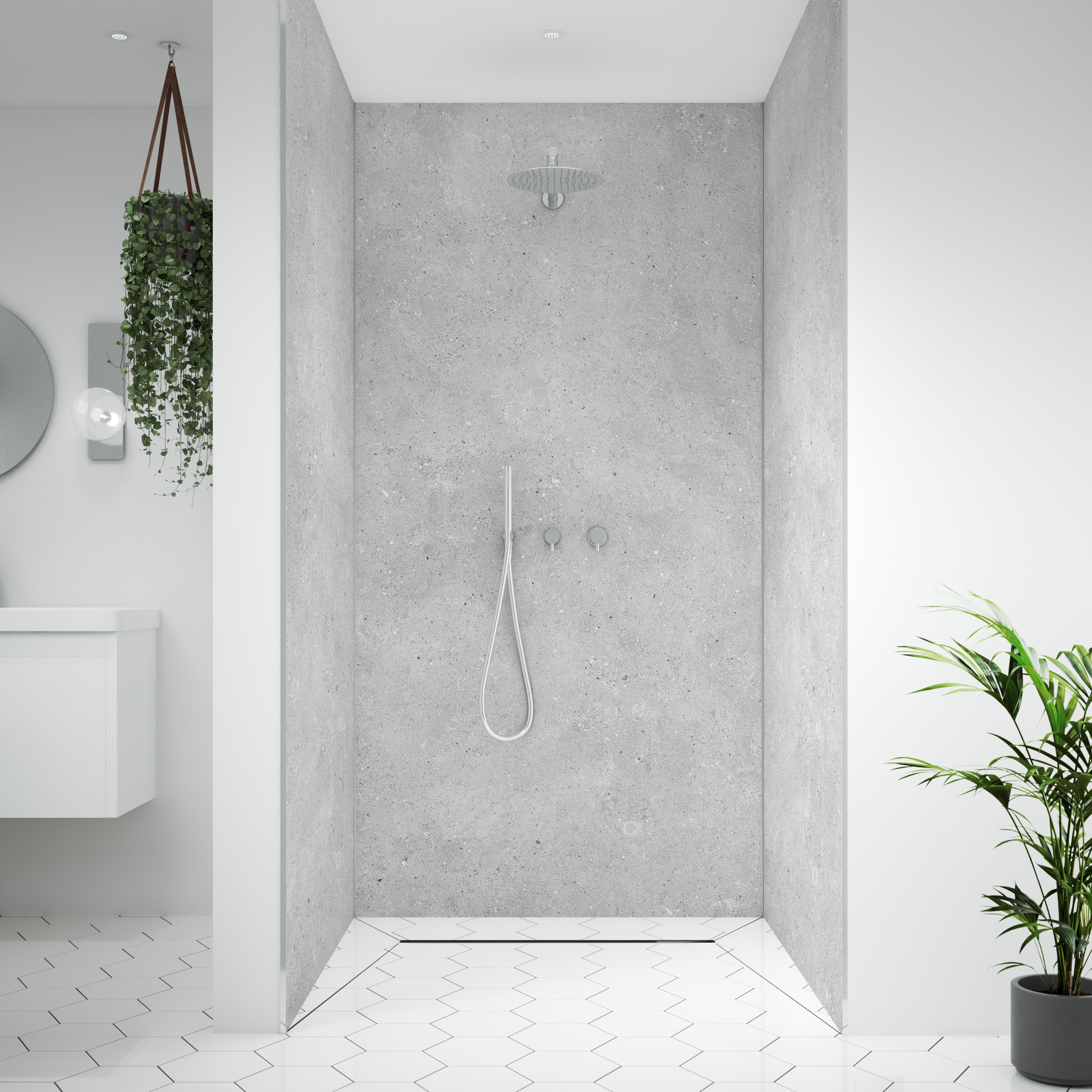 Splashwall Alloy Aluminium Bathroom & wet room Decorative panel (H)2440mm (W)600mm - Matt Fossil Stone effect