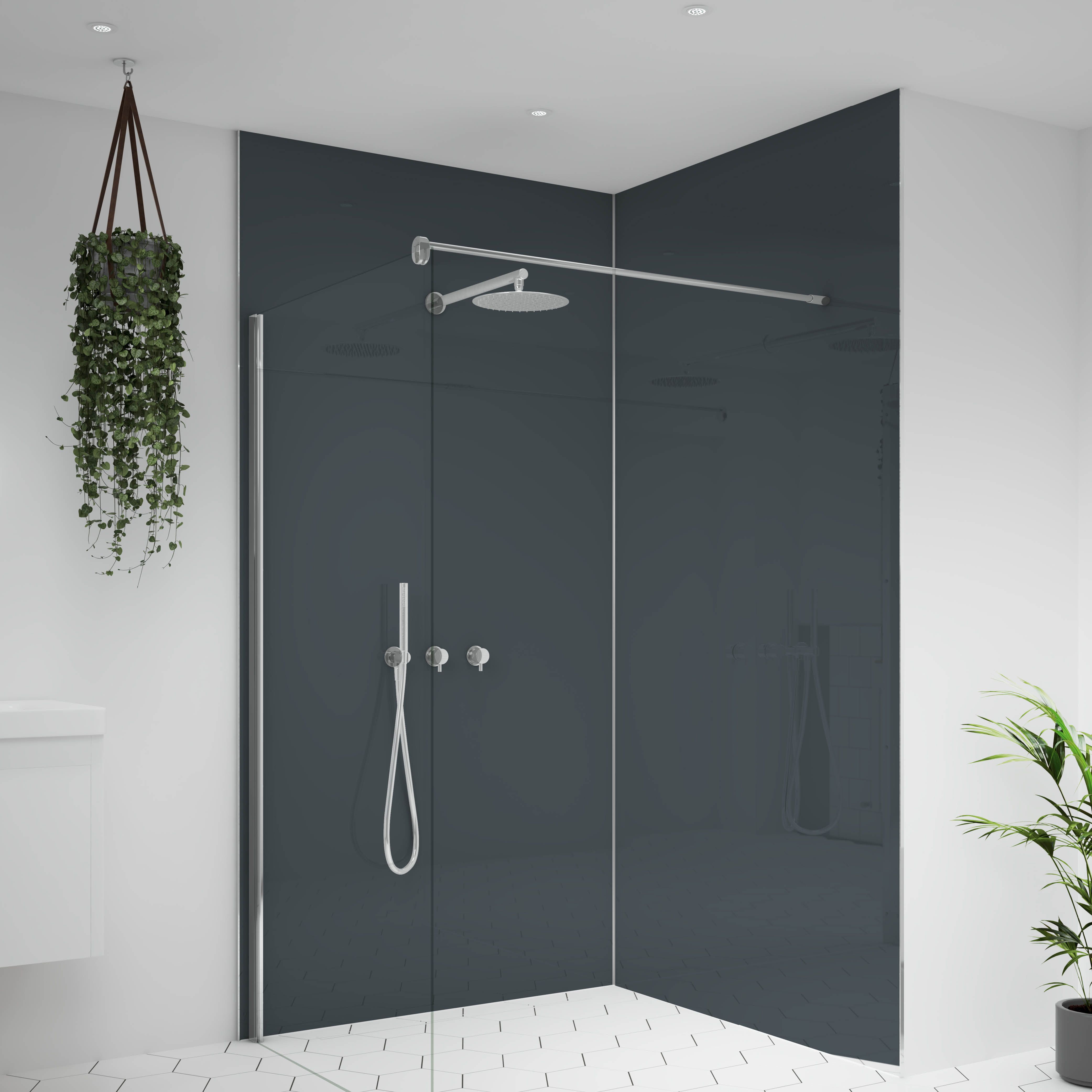 Splashwall Alloy Double-sided Aluminium Bathroom & wet room Decorative panel (H)2400mm (W)1200mm - Gloss Malibu grey & storm blue