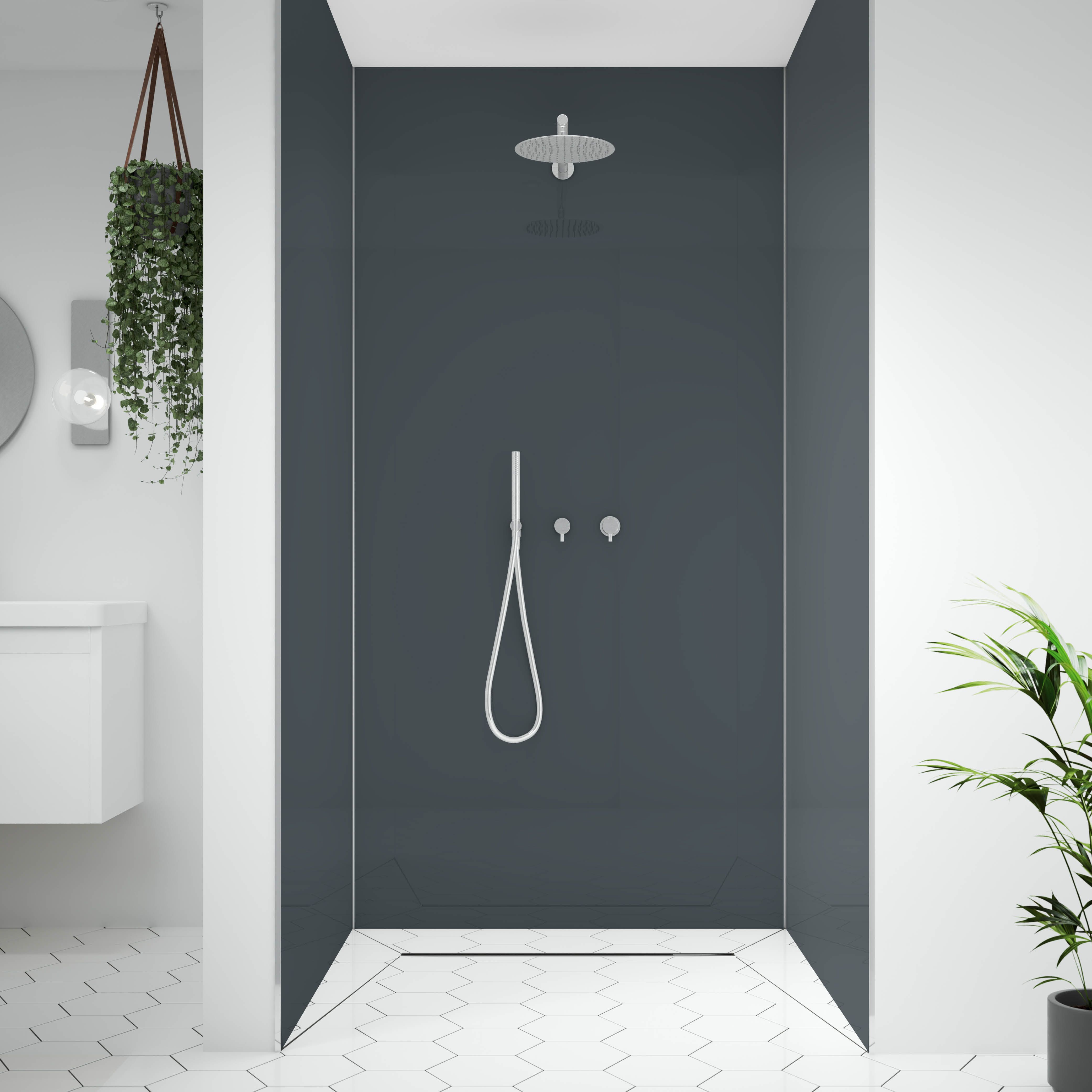 Splashwall Alloy Double-sided Aluminium Bathroom & wet room Decorative panel (H)2400mm (W)1200mm - Gloss Malibu grey & storm blue