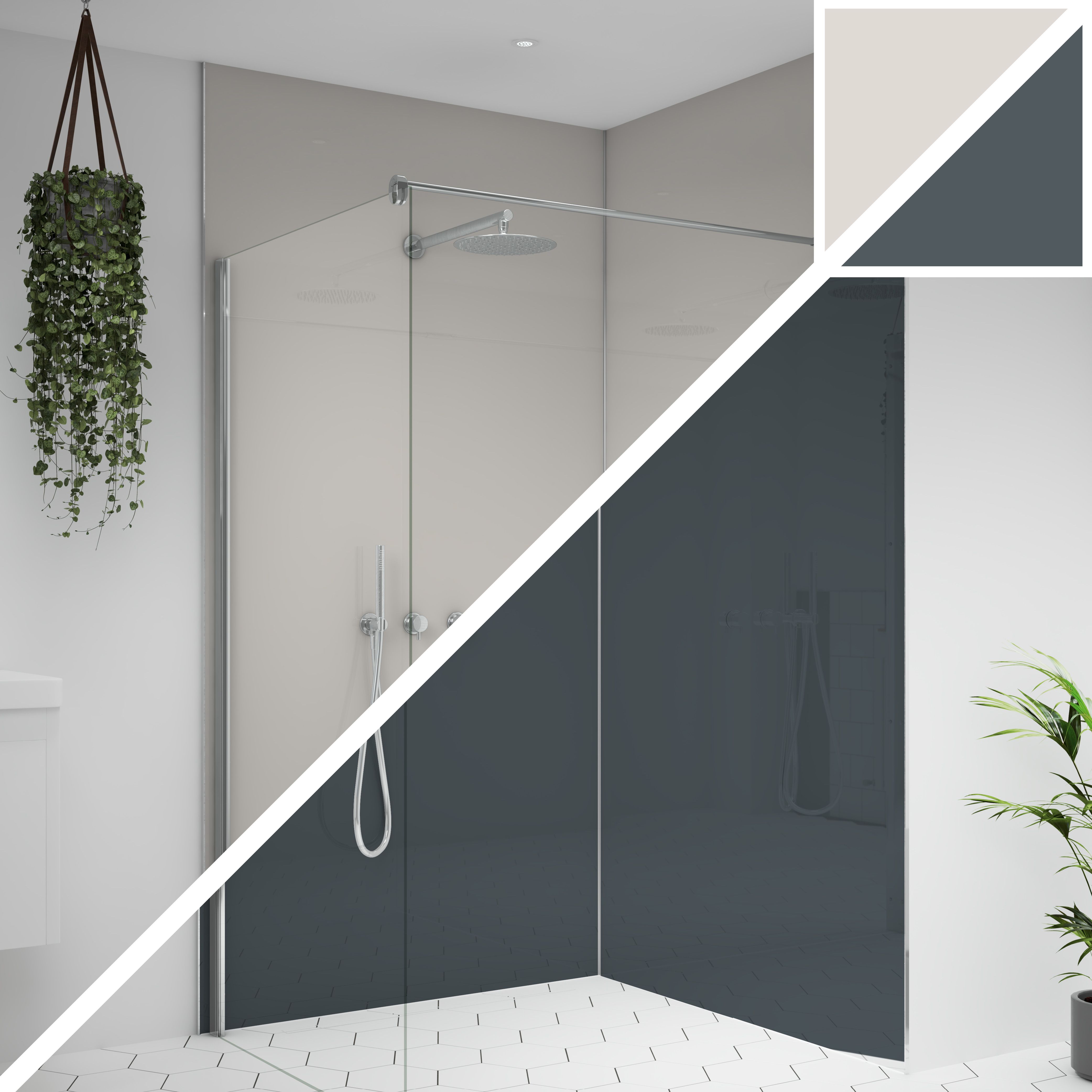 Splashwall Alloy Double-sided Aluminium Bathroom & wet room Decorative panel (H)2400mm (W)1200mm - Gloss Malibu grey & storm blue
