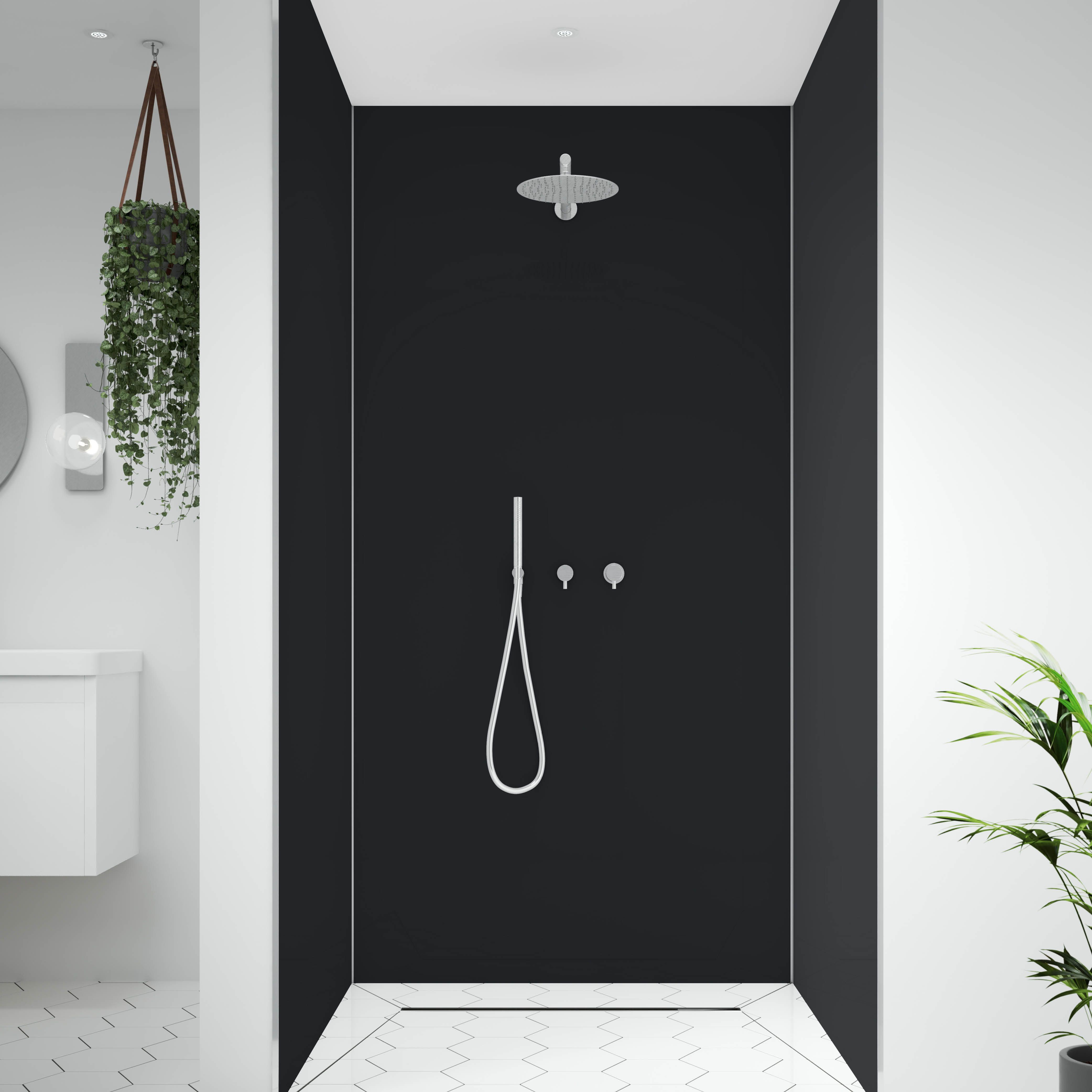 Splashwall Alloy Double-sided Aluminium Bathroom & wet room Decorative panel (H)2400mm (W)1200mm - Matt Midnight grey & hadrian green