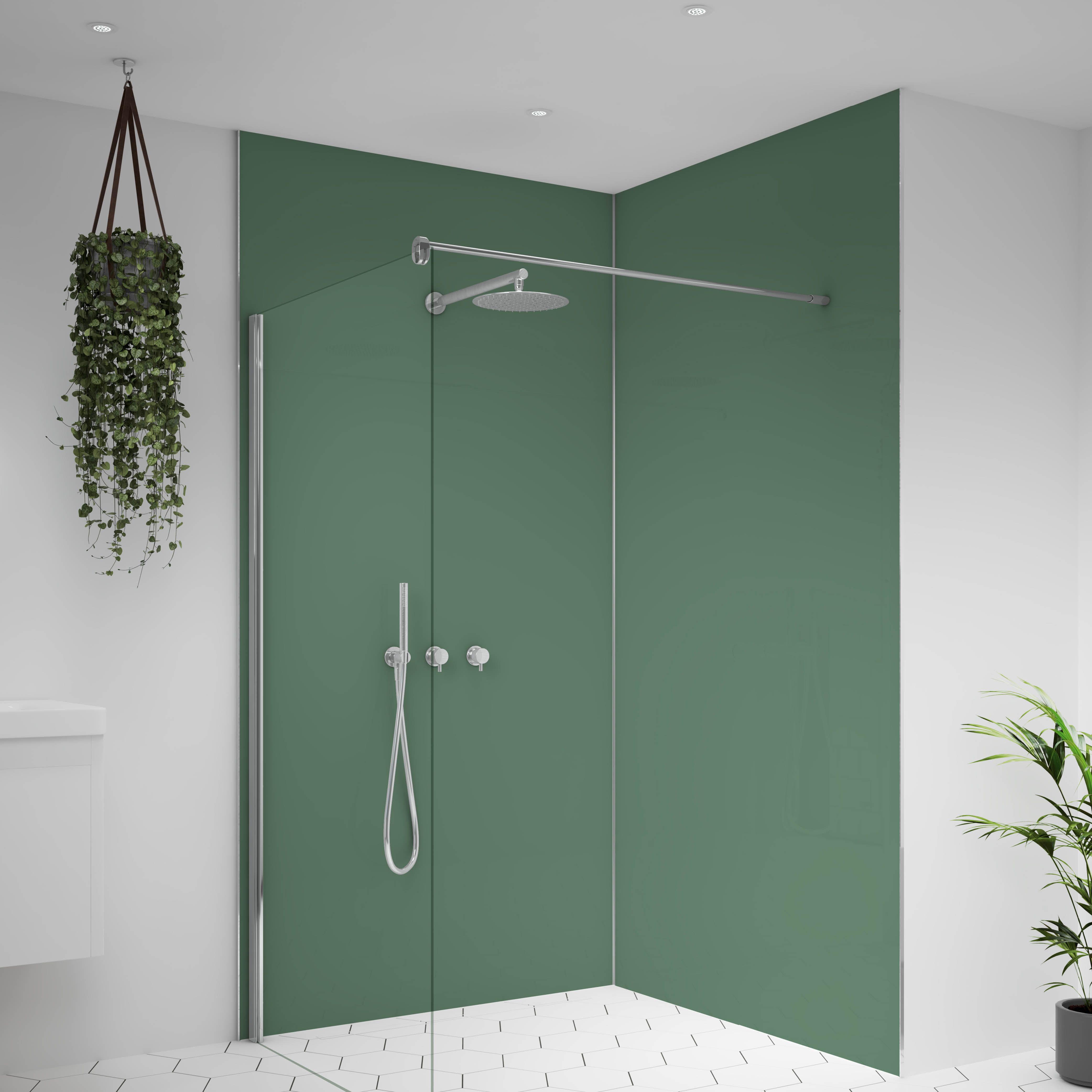 Splashwall Alloy Double-sided Aluminium Bathroom & wet room Decorative panel (H)2400mm (W)1200mm - Matt Sea foam green & battleship grey