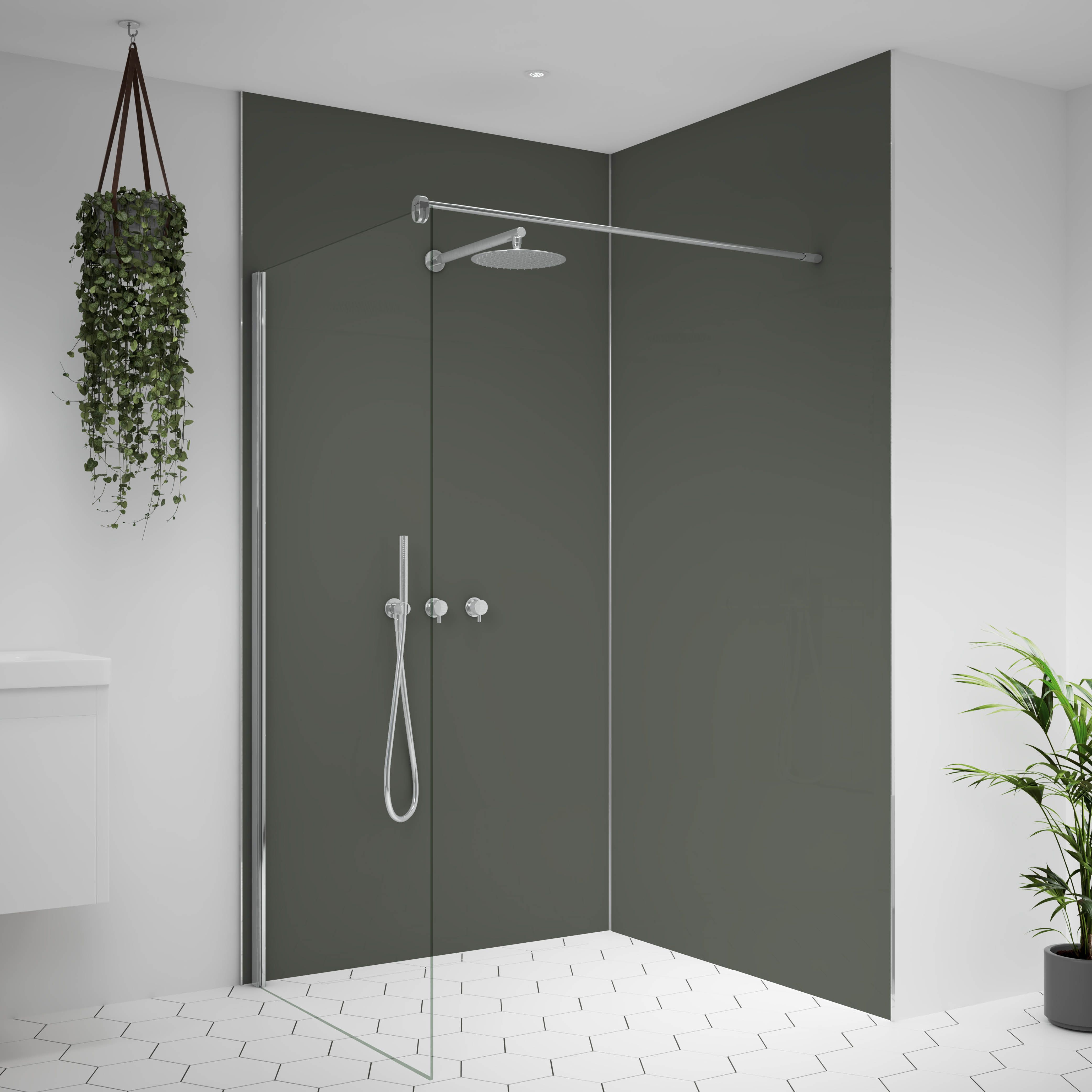 Splashwall Alloy Double-sided Aluminium Bathroom & wet room Decorative panel (H)2400mm (W)1200mm - Matt Sea foam green & battleship grey