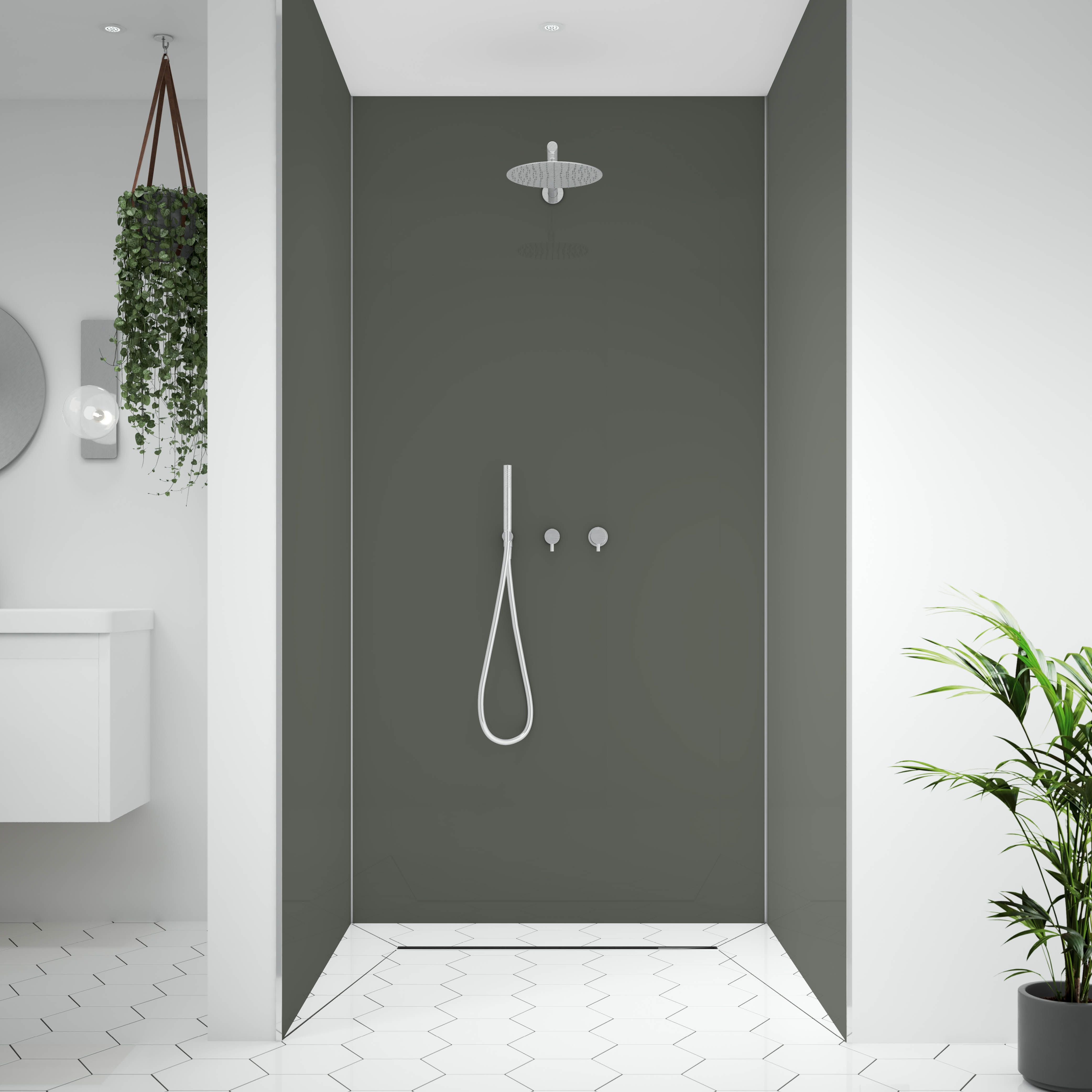 Splashwall Alloy Double-sided Aluminium Bathroom & wet room Decorative panel (H)2400mm (W)1200mm - Matt Sea foam green & battleship grey