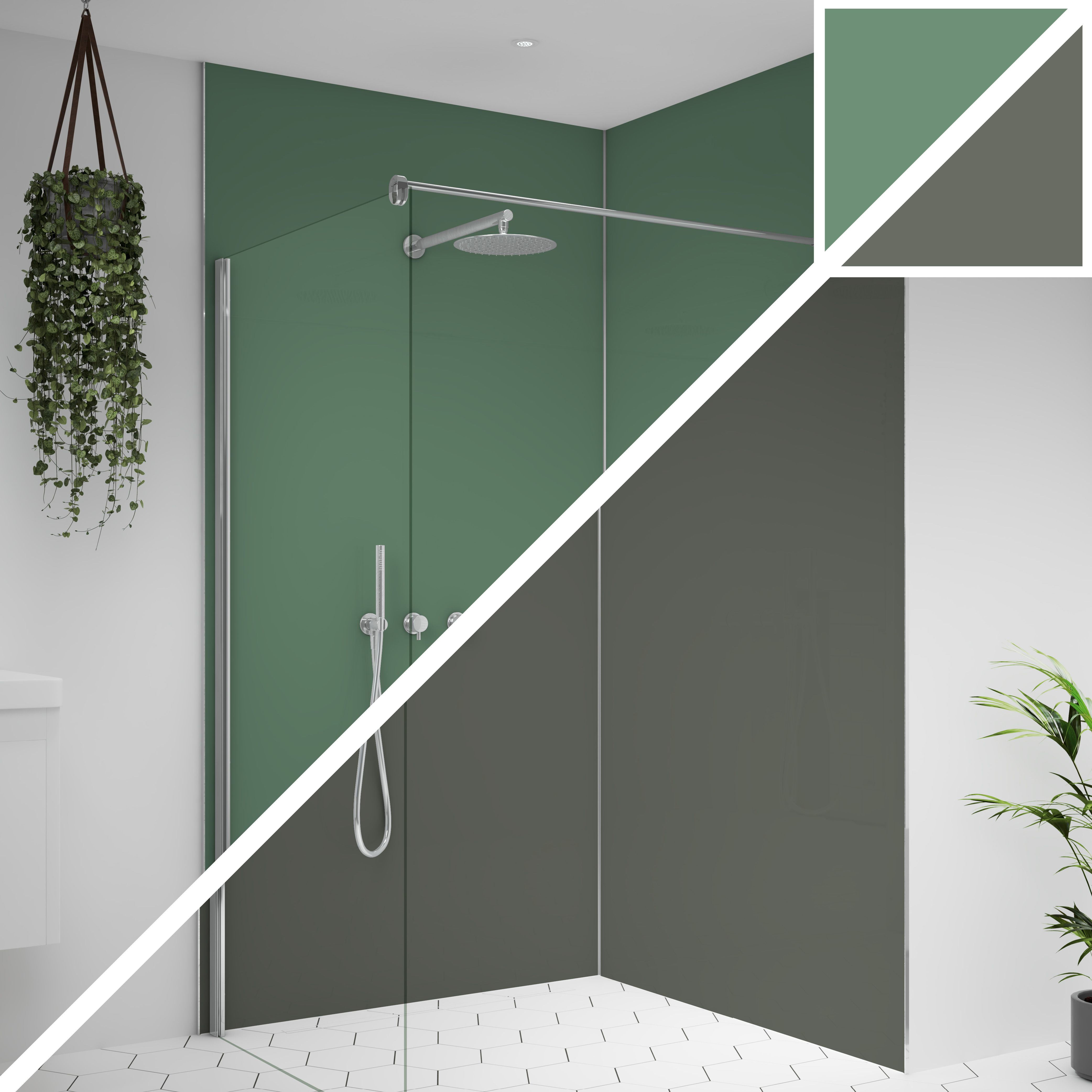 Splashwall Alloy Double-sided Aluminium Bathroom & wet room Decorative panel (H)2400mm (W)1200mm - Matt Sea foam green & battleship grey