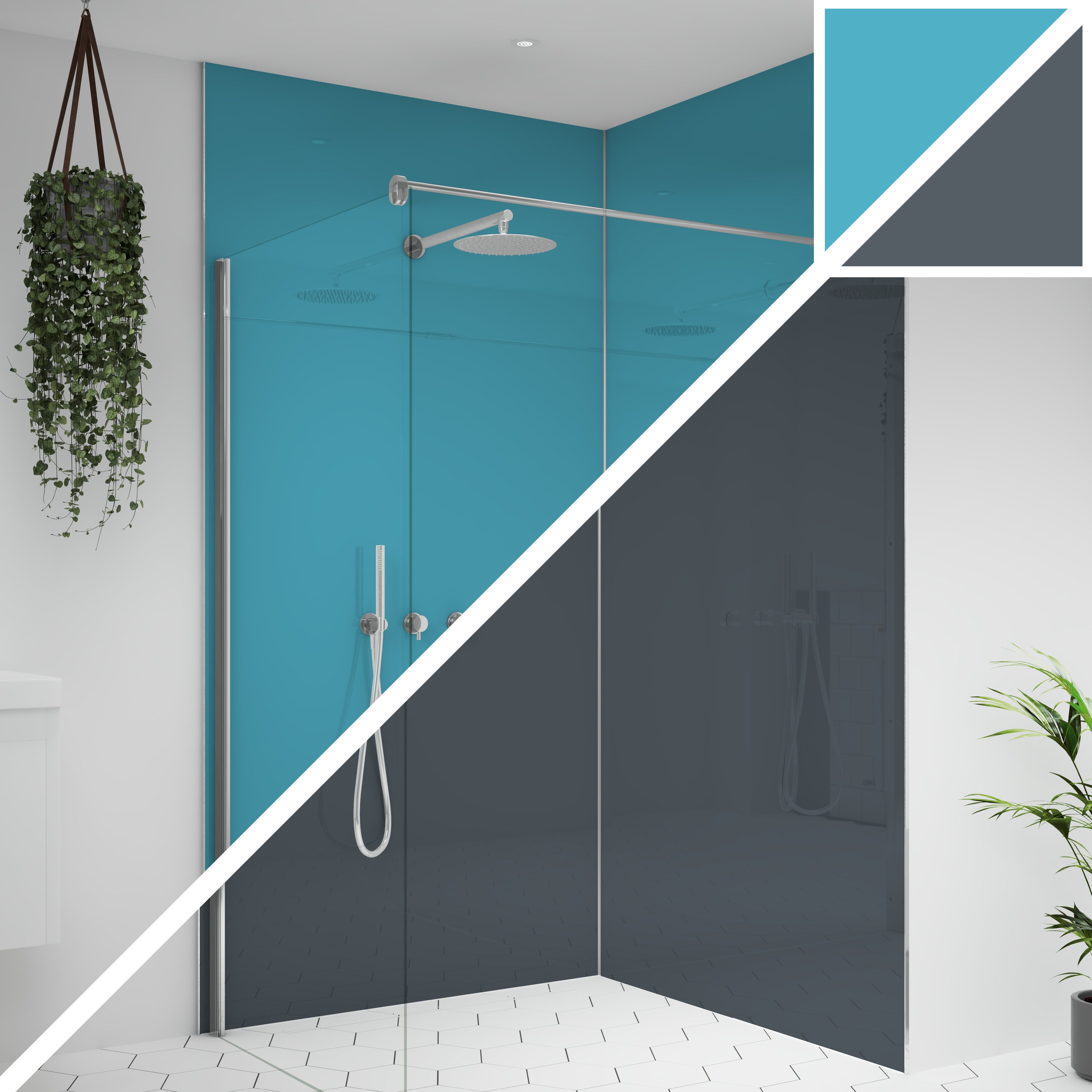 Splashwall Alloy Double-sided Aluminium Bathroom & wet room Decorative panel (H)2400mm (W)600mm - Gloss Turquoise & slate grey