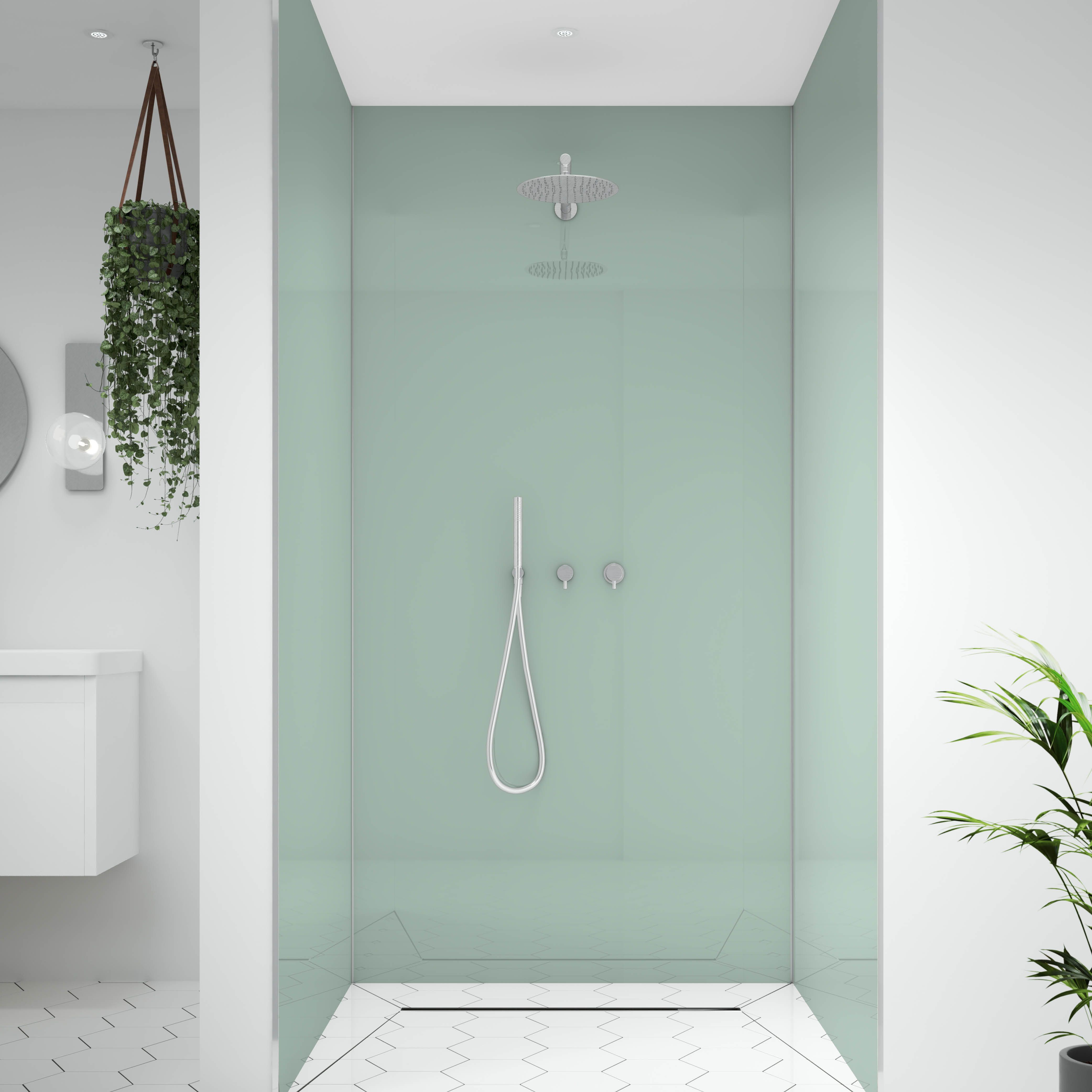 Splashwall Alloy Double-sided Aluminium Bathroom & wet room Decorative panel (H)2400mm (W)900mm - Gloss Terra grey & sea breeze green