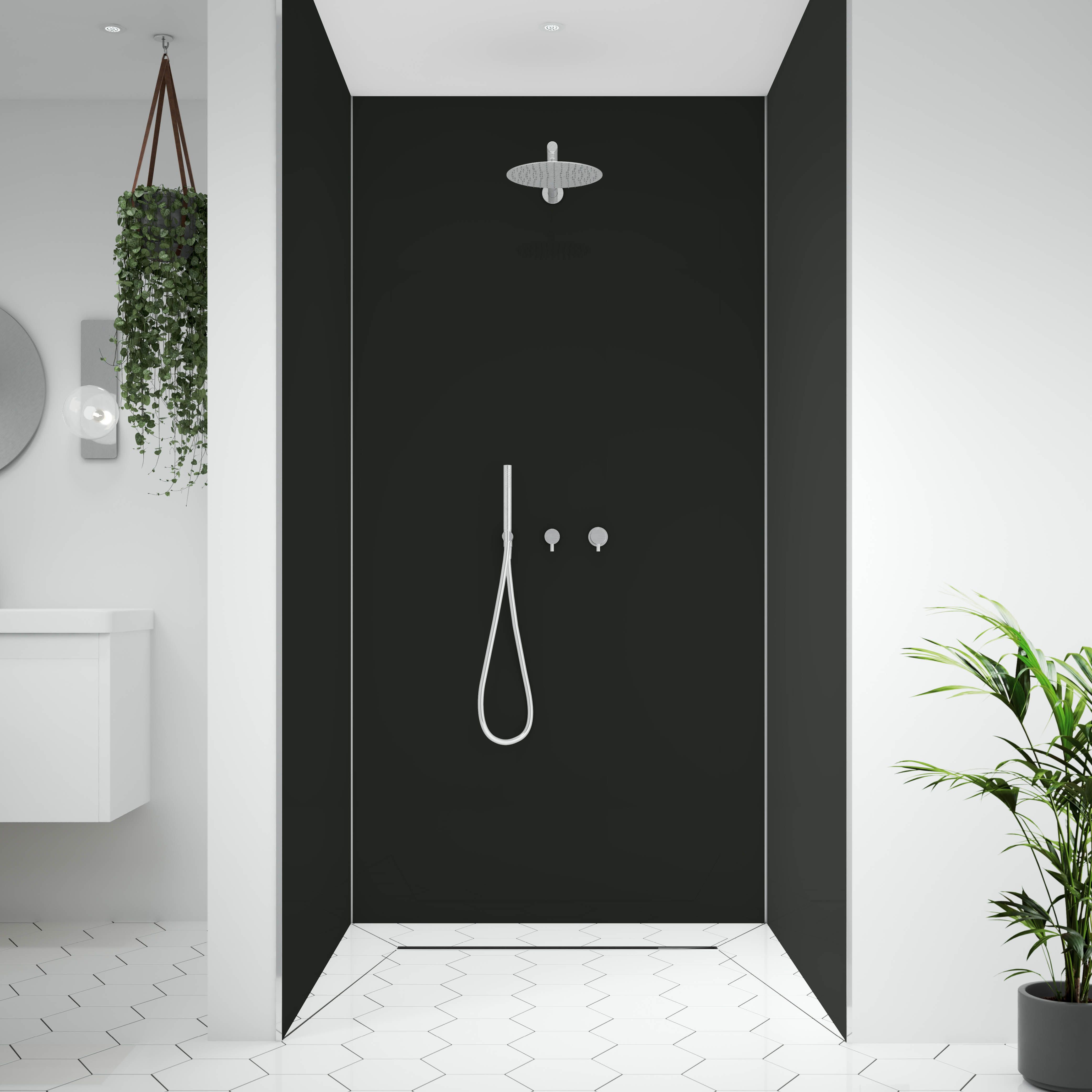 Splashwall Alloy Double-sided Aluminium Bathroom & wet room Decorative panel (H)2400mm (W)900mm - Matt Midnight grey & hadrian green