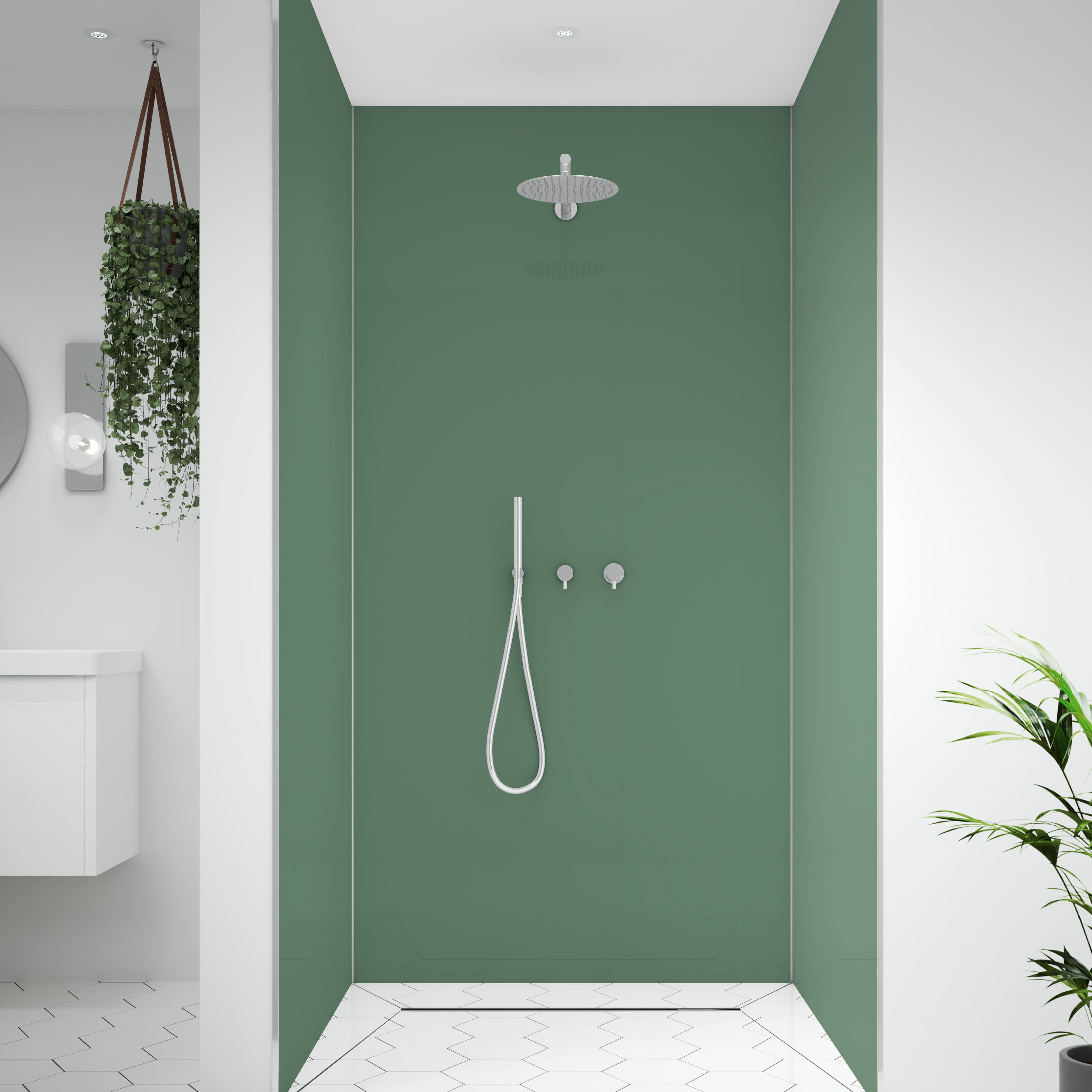 Splashwall Alloy Double-sided Aluminium Bathroom & wet room Decorative panel (H)2400mm (W)900mm - Matt Sea foam green & battleship grey