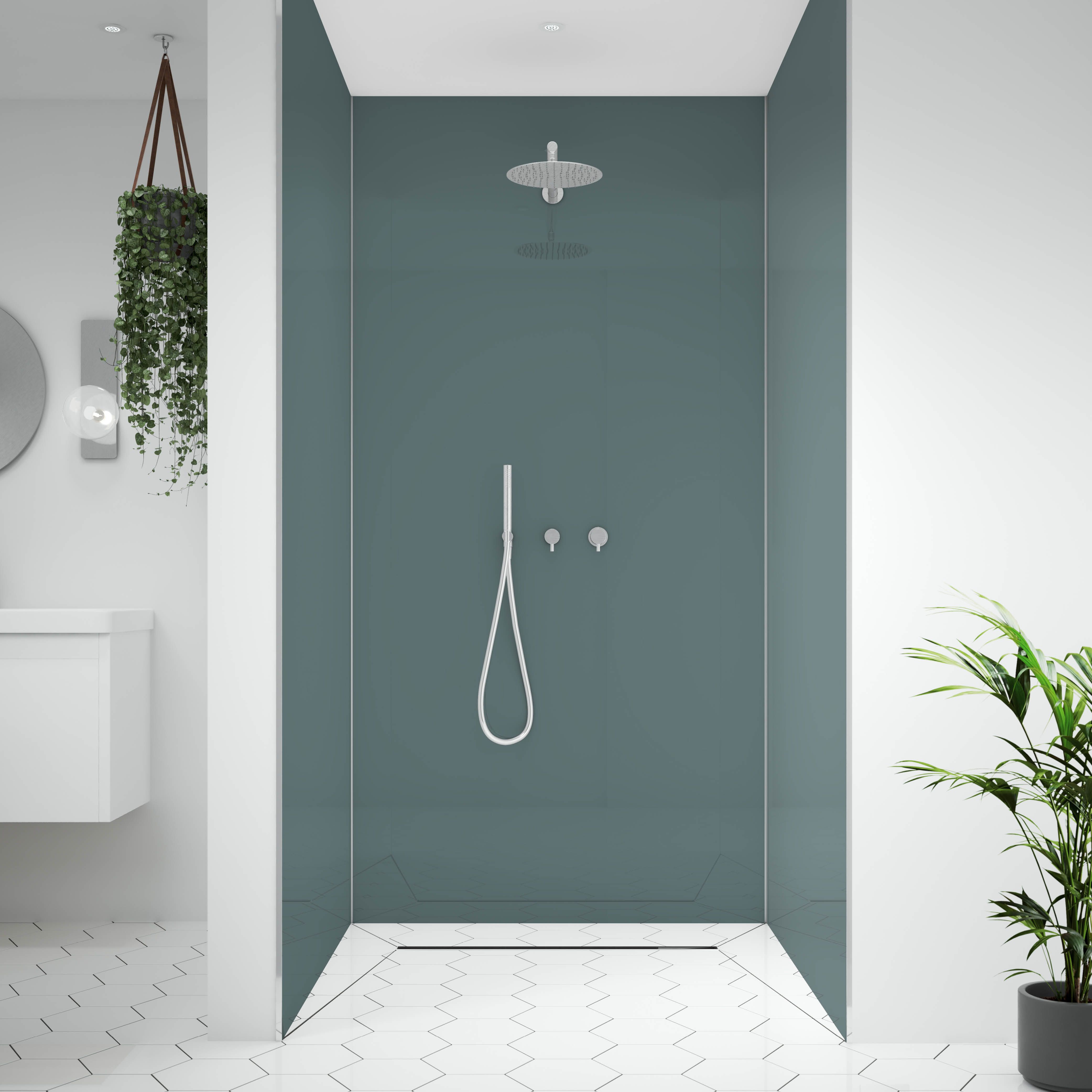 Splashwall Alloy Gloss Glacier white & Neptune blue Double-sided Aluminium Bathroom & wet room Decorative panel (H)2400mm (W)1200mm