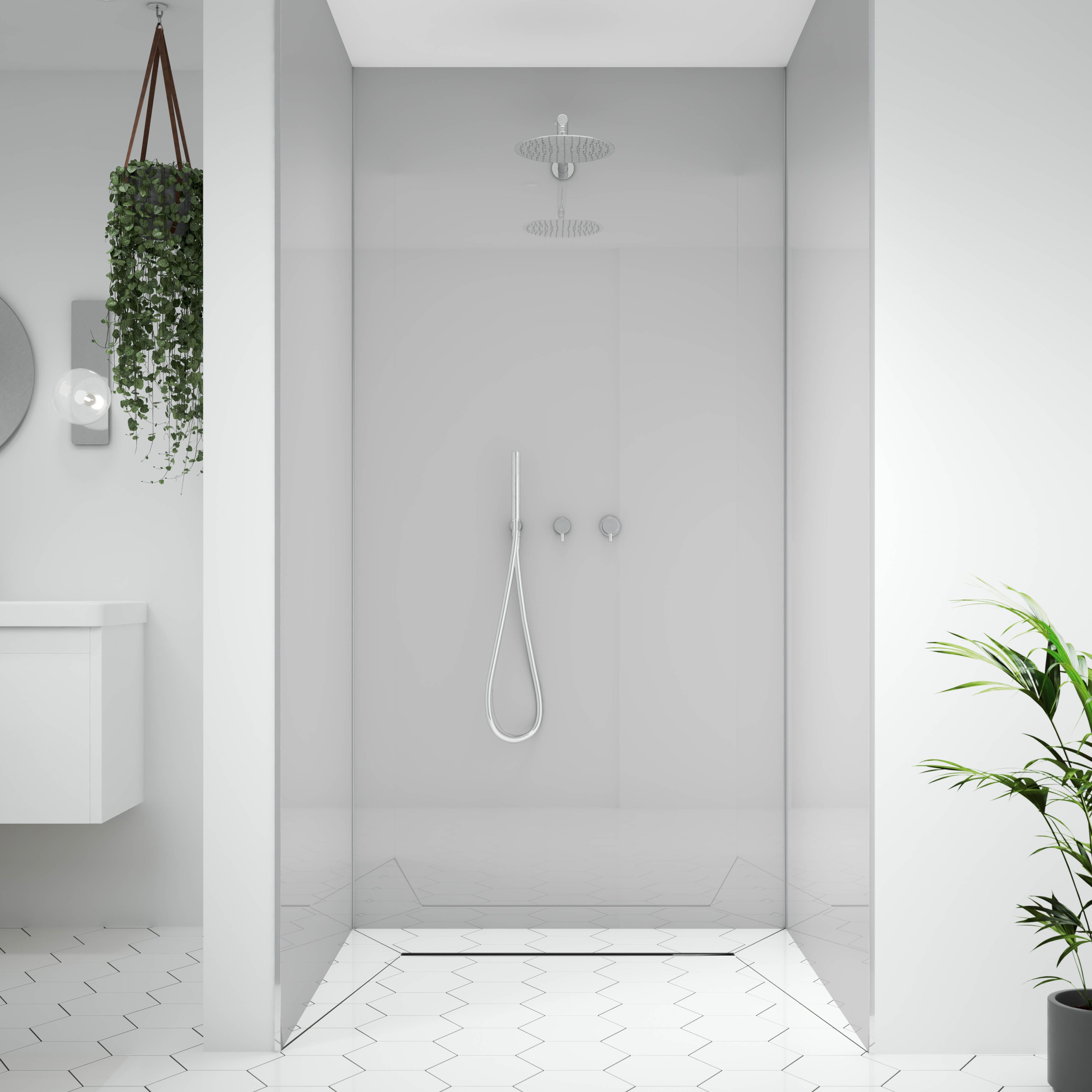 Splashwall Alloy Gloss Glacier white & Neptune blue Double-sided Aluminium Bathroom & wet room Decorative panel (H)2400mm (W)900mm