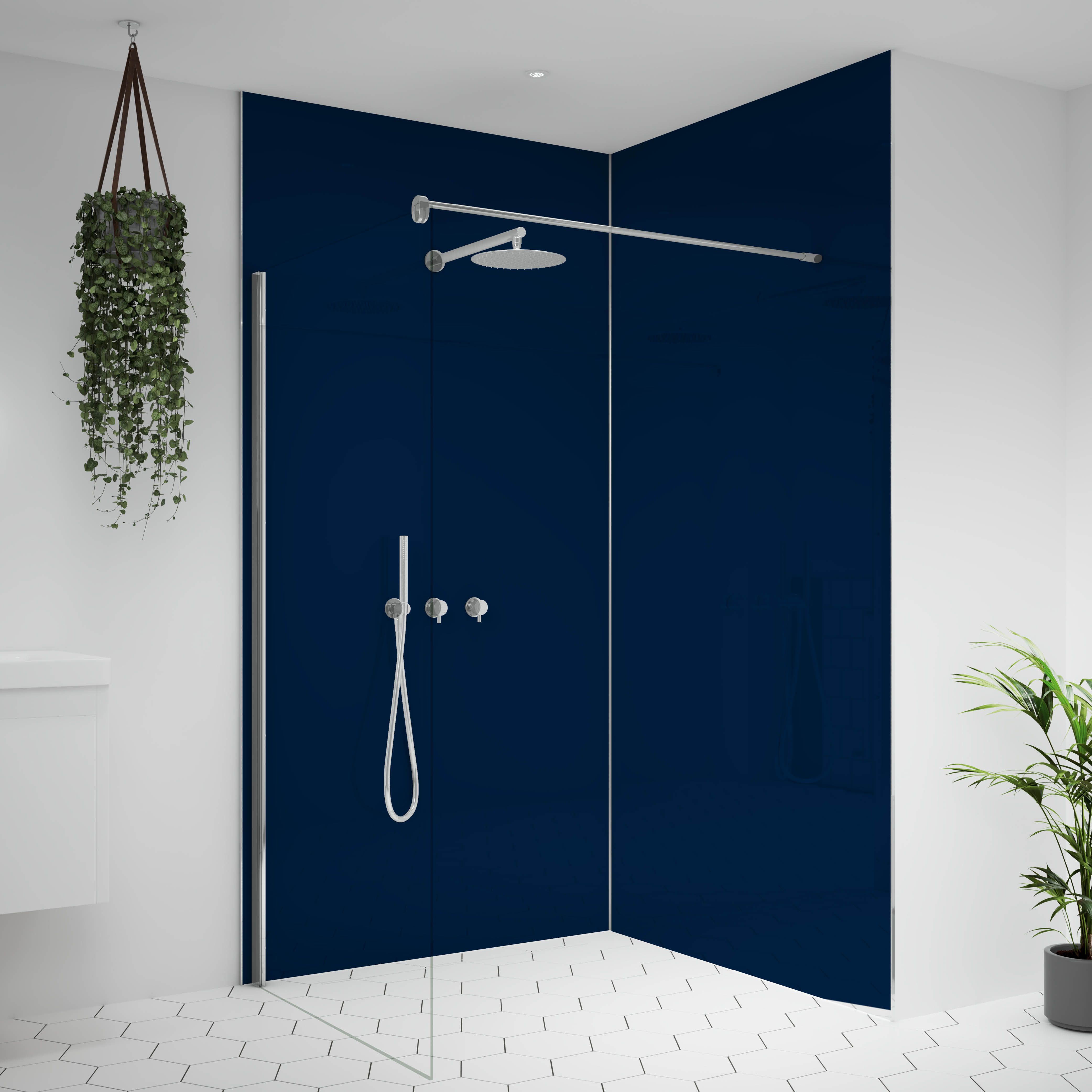 Splashwall Alloy Gloss Starry night blue & urban grey Double-sided Aluminium Bathroom & wet room Decorative panel (H)2400mm (W)900mm