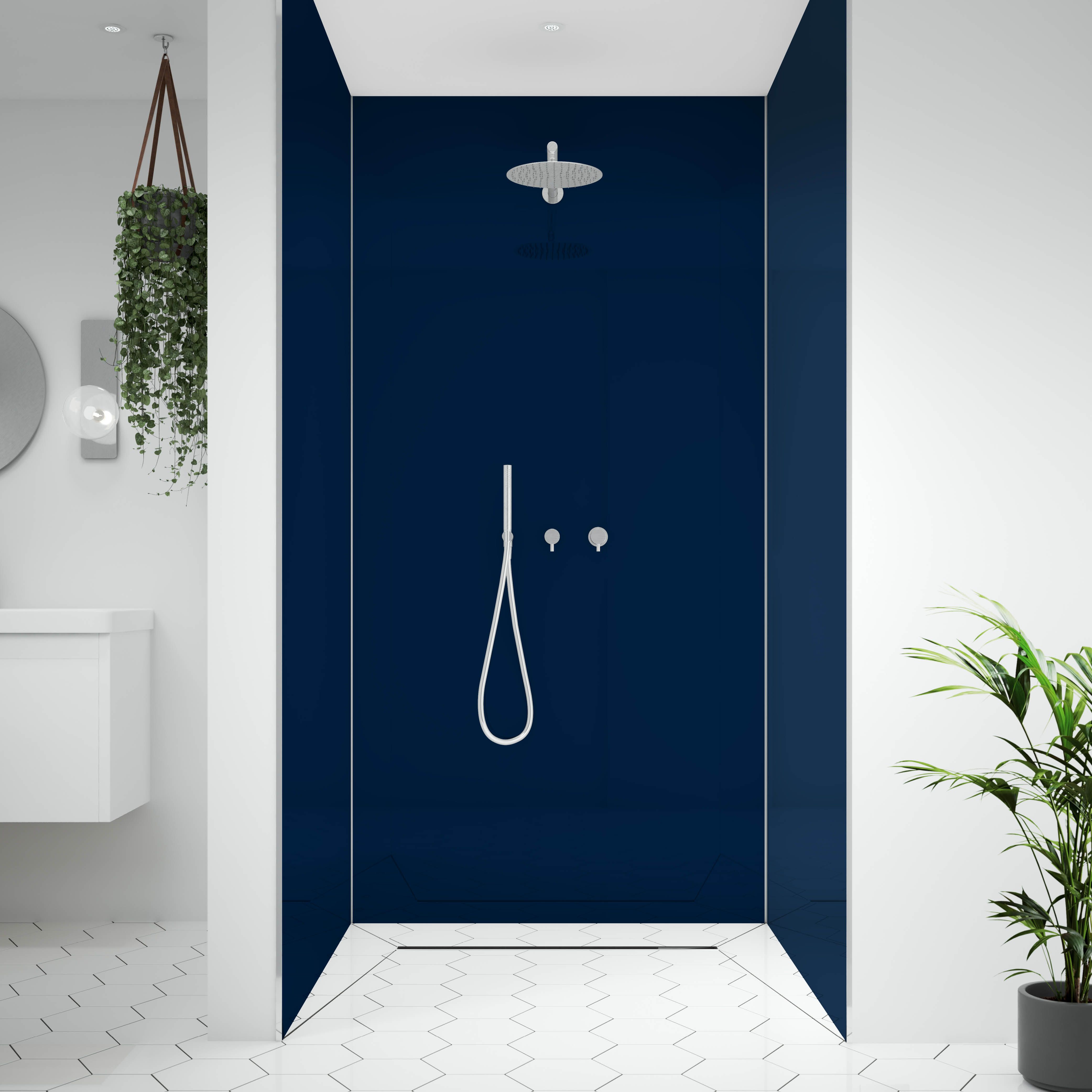 Splashwall Alloy Gloss Starry night blue & urban grey Double-sided Aluminium Bathroom & wet room Decorative panel (H)2400mm (W)900mm