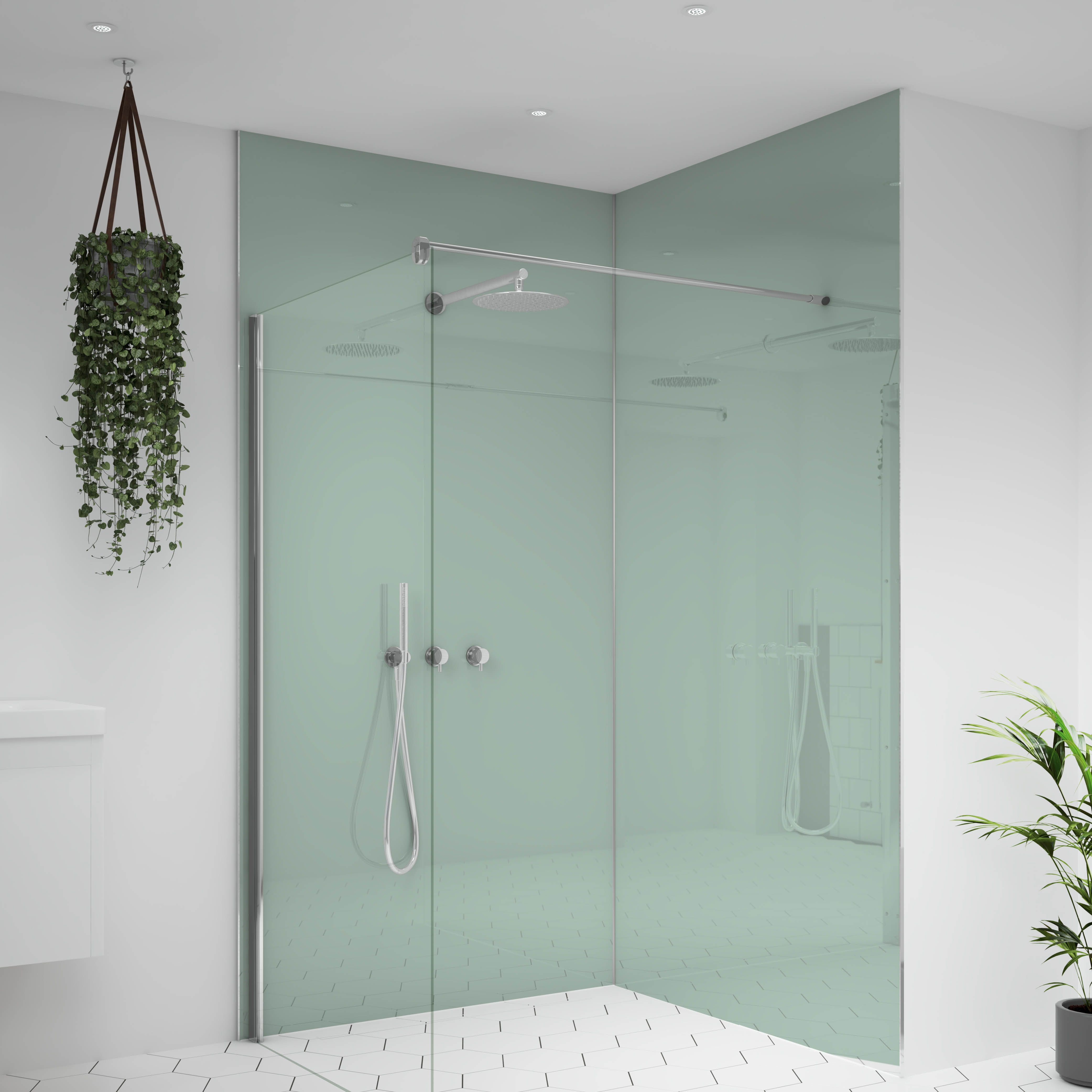 Splashwall Alloy Gloss Terra grey & sea breeze green Double-sided Aluminium Bathroom & wet room Decorative panel (H)2400mm (W)1200mm