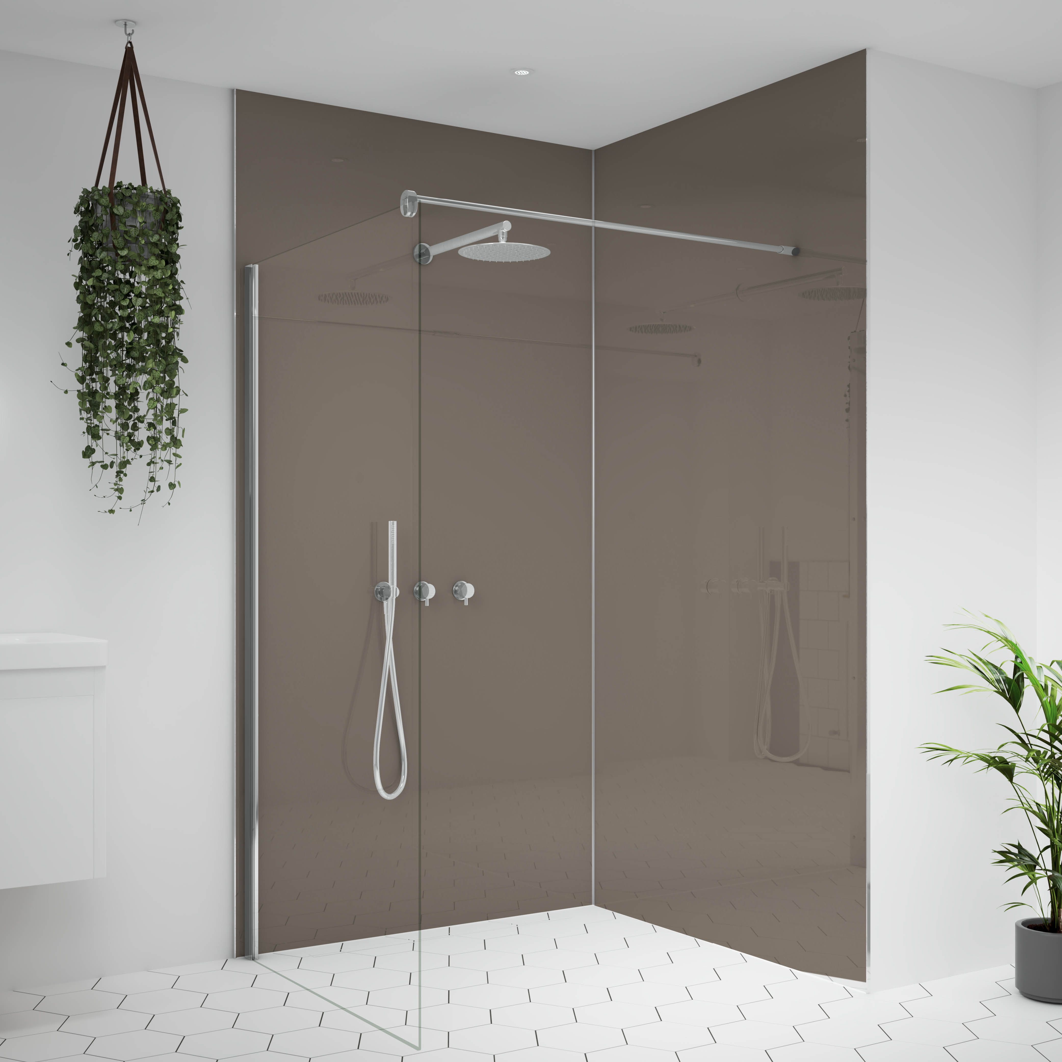 Splashwall Alloy Gloss Terra grey & sea breeze green Double-sided Aluminium Bathroom & wet room Decorative panel (H)2400mm (W)1200mm