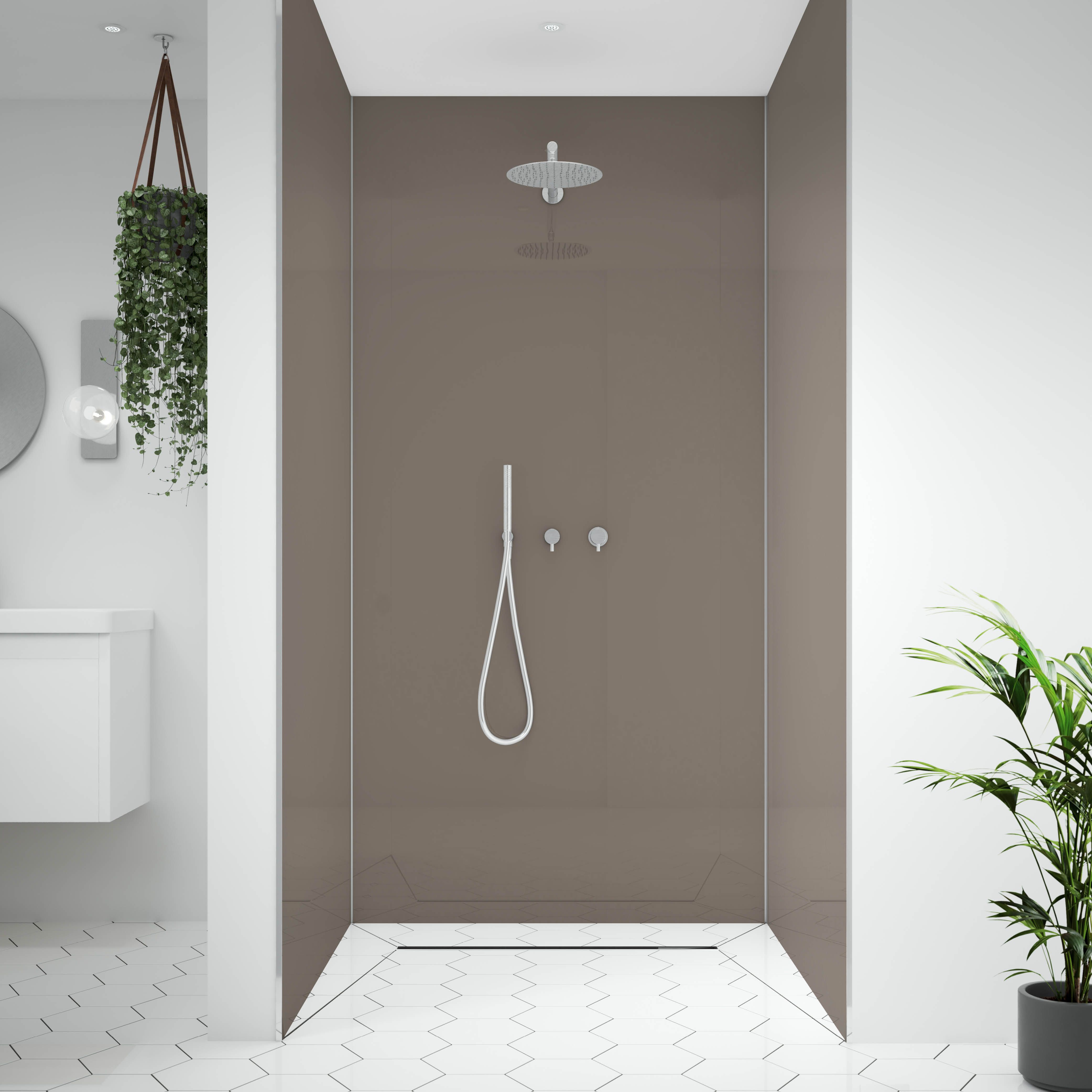 Splashwall Alloy Gloss Terra grey & sea breeze green Double-sided Aluminium Bathroom & wet room Decorative panel (H)2400mm (W)1200mm
