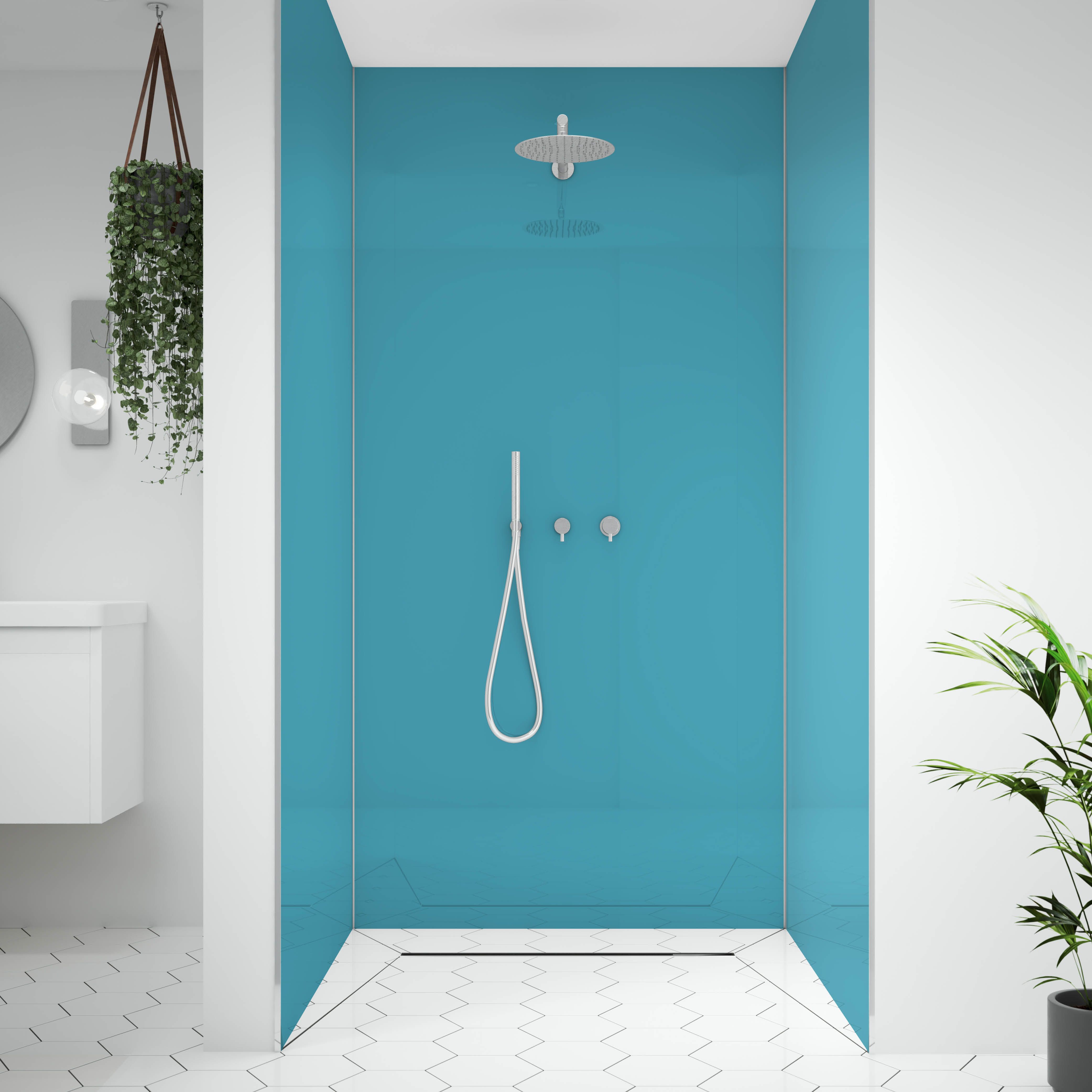 Splashwall Alloy Gloss Turquoise & slate grey Double-sided Aluminium Bathroom & wet room Decorative panel (H)2400mm (W)1200mm