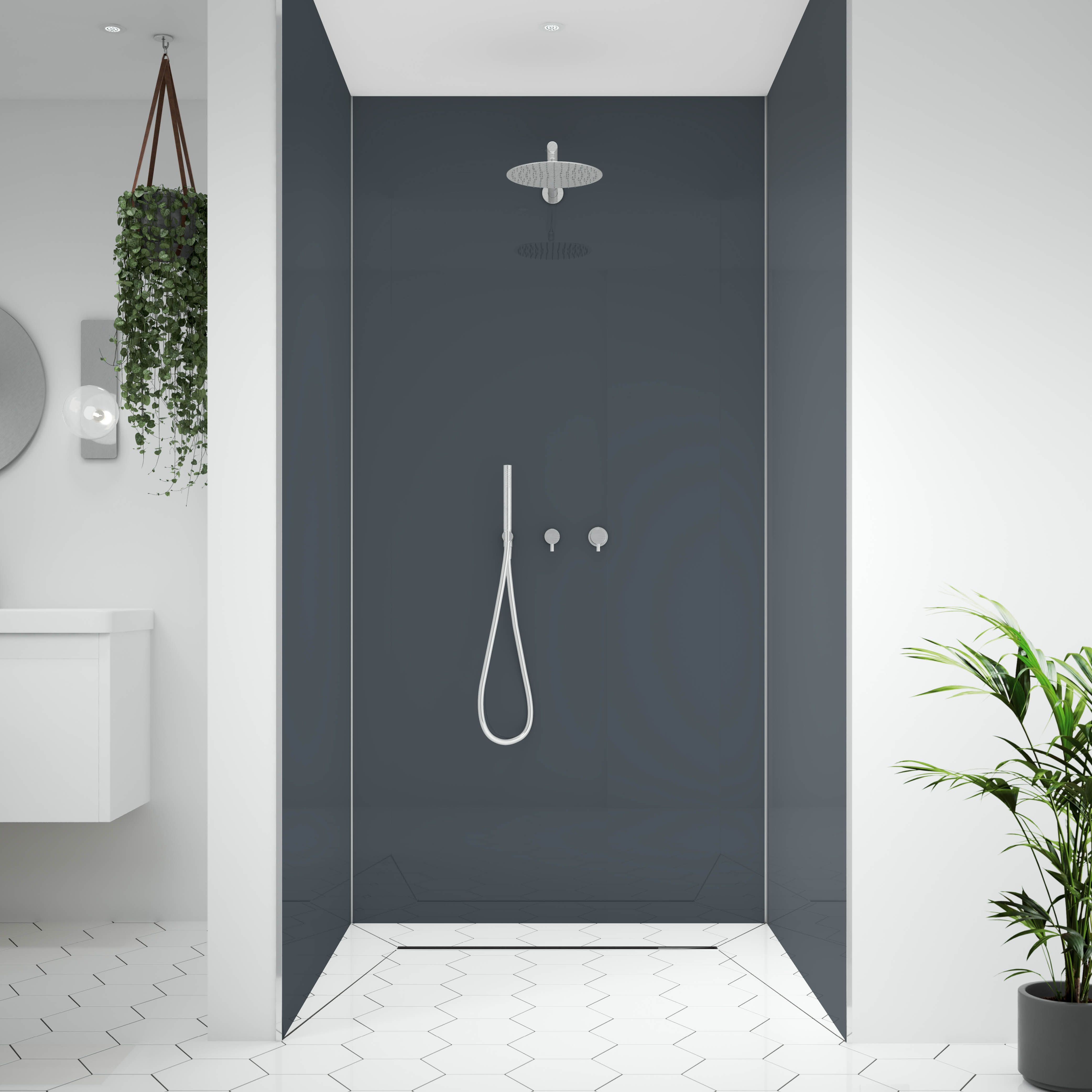 Splashwall Alloy Gloss Turquoise & slate grey Double-sided Aluminium Bathroom & wet room Decorative panel (H)2400mm (W)1200mm