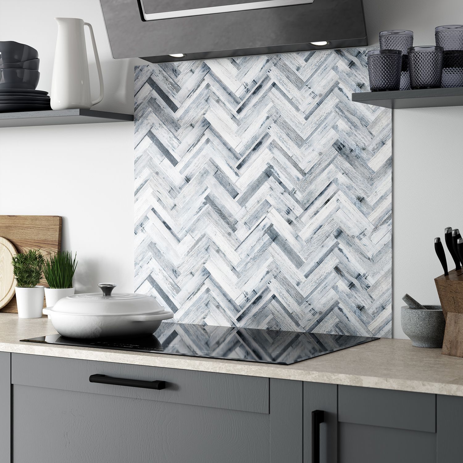 Splashwall Alloy Grey Whitewash Herringbone Aluminium Splashback, (H)600mm (W)2440mm (T)4mm