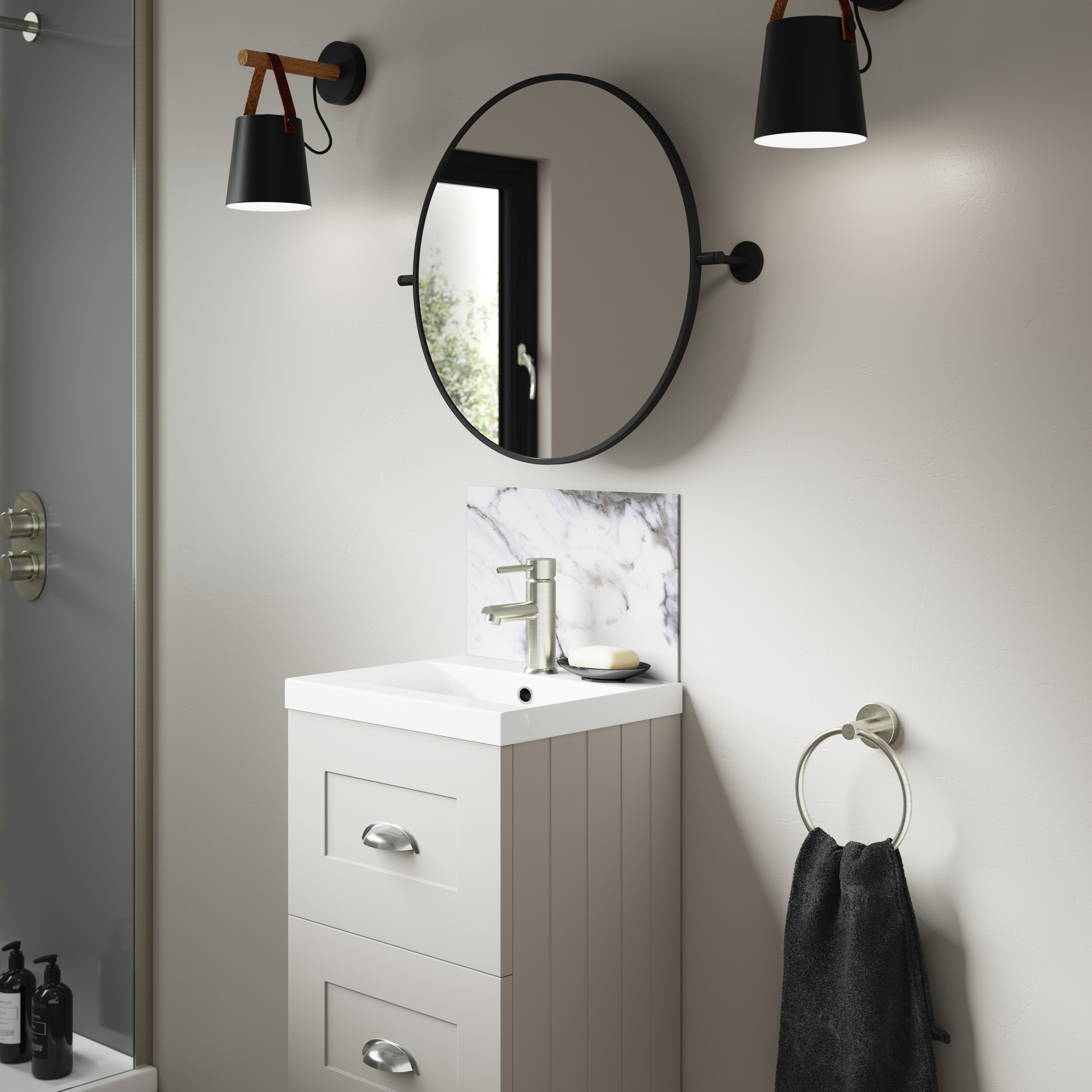 Splashwall Alloy Laminate Adhesive Bathroom Splashback (H)25cm (W)40cm - Matt White Marmo migliora Marble effect