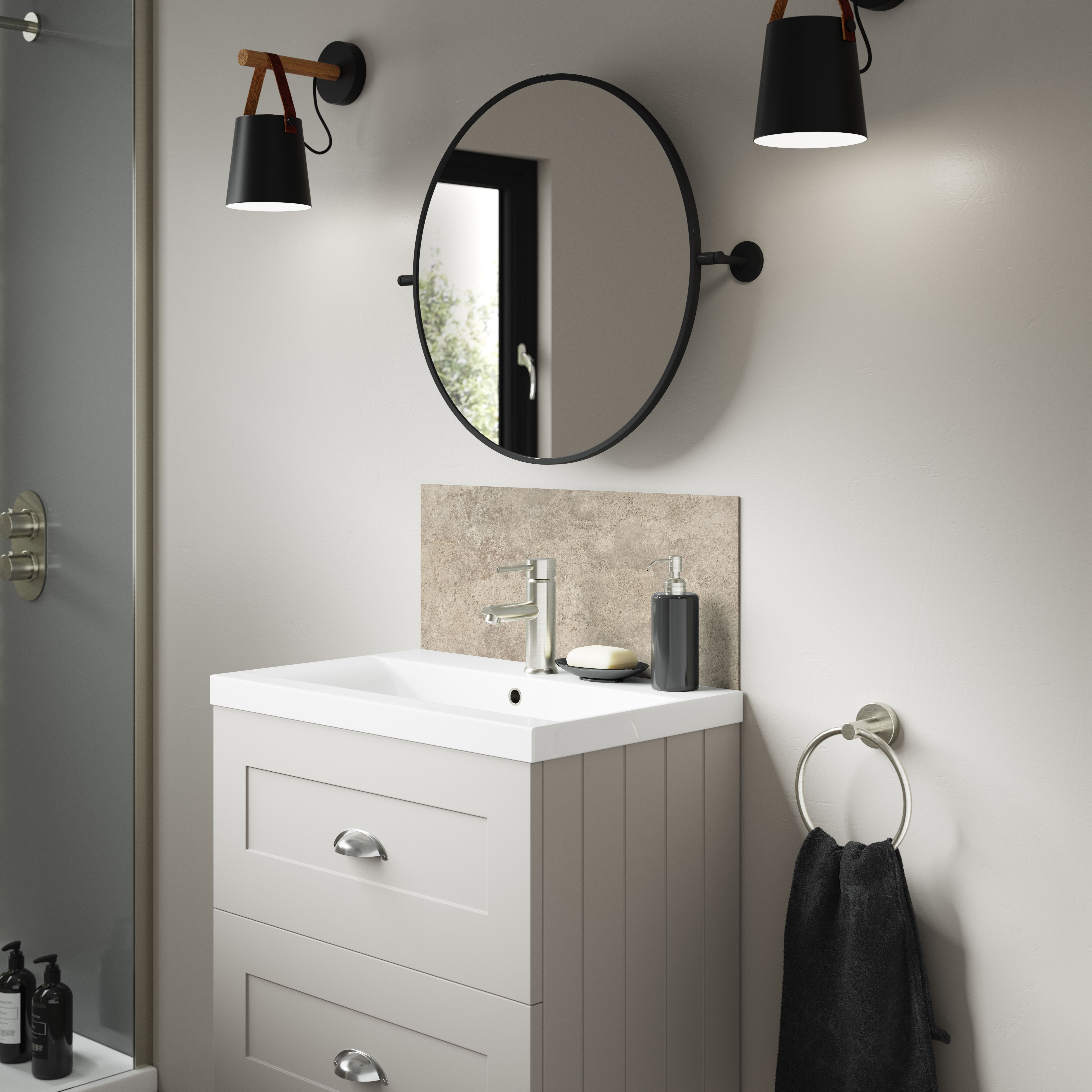 Splashwall Alloy Laminate Adhesive Bathroom Splashback (H)25cm (W)60cm - Matt Beige Treviso Travertine effect