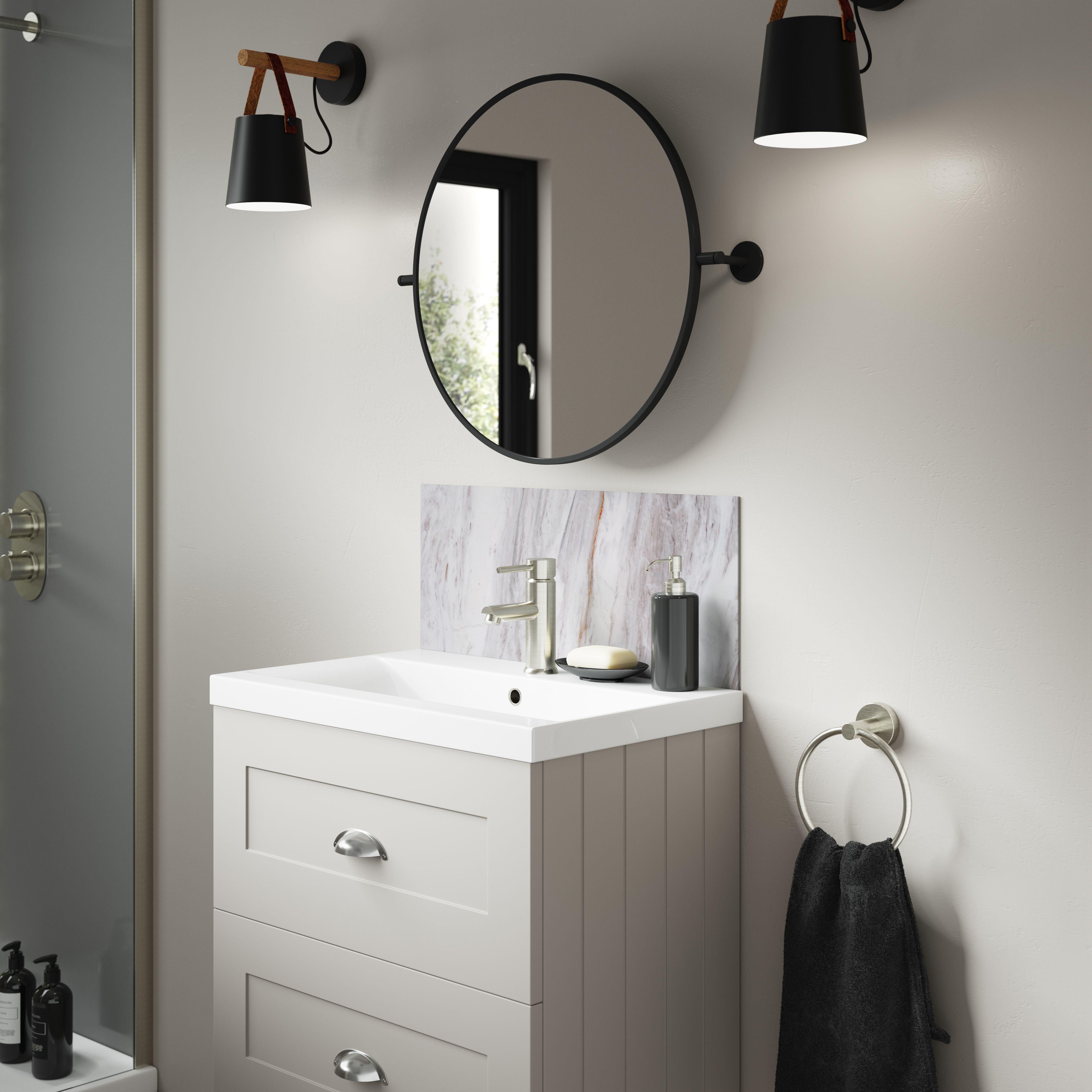Splashwall Alloy Laminate Adhesive Bathroom Splashback (H)25cm (W)60cm - Matt Cream Marmo migliora Marble effect