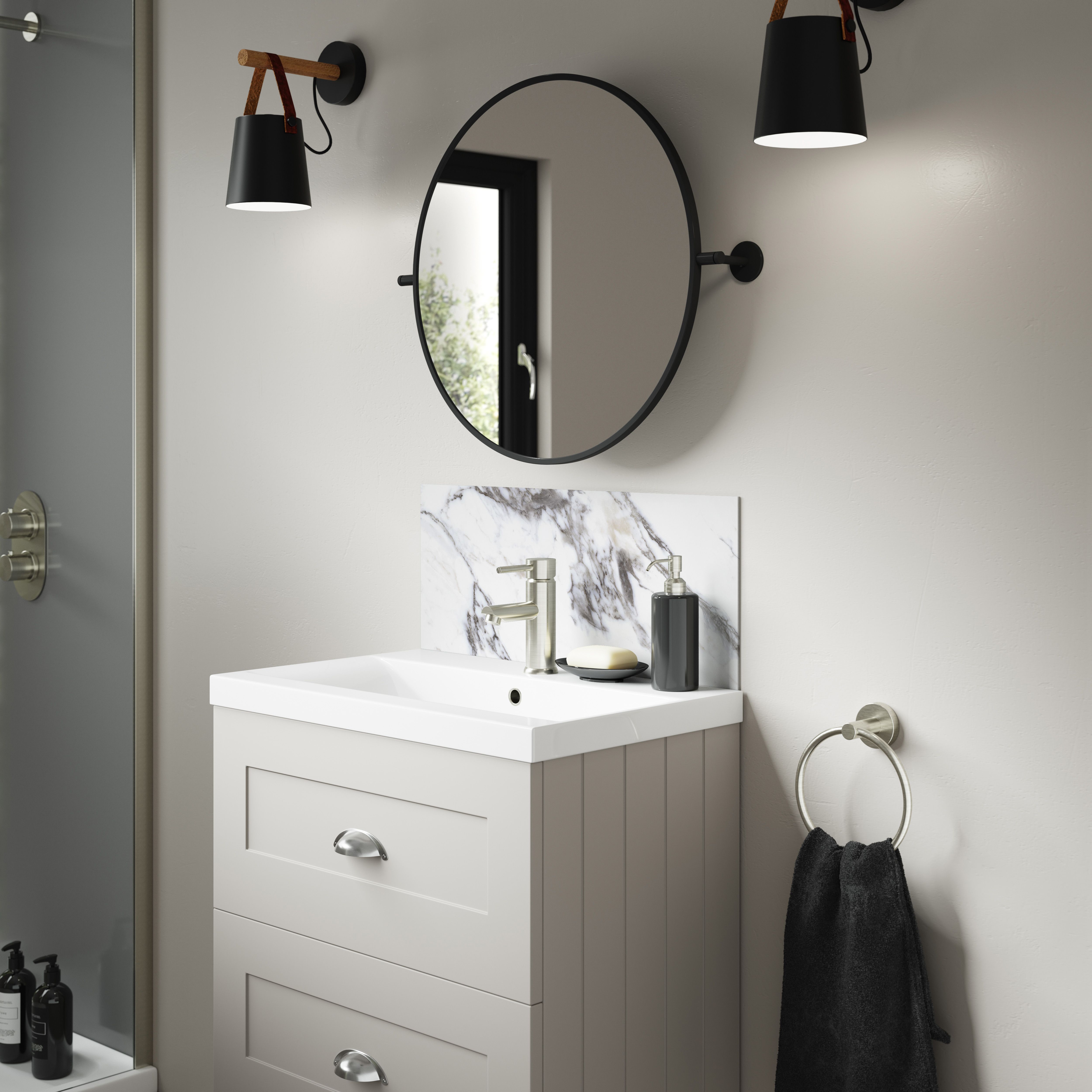 Splashwall Alloy Laminate Adhesive Bathroom Splashback (H)25cm (W)60cm - Matt White Marmo migliora Marble effect