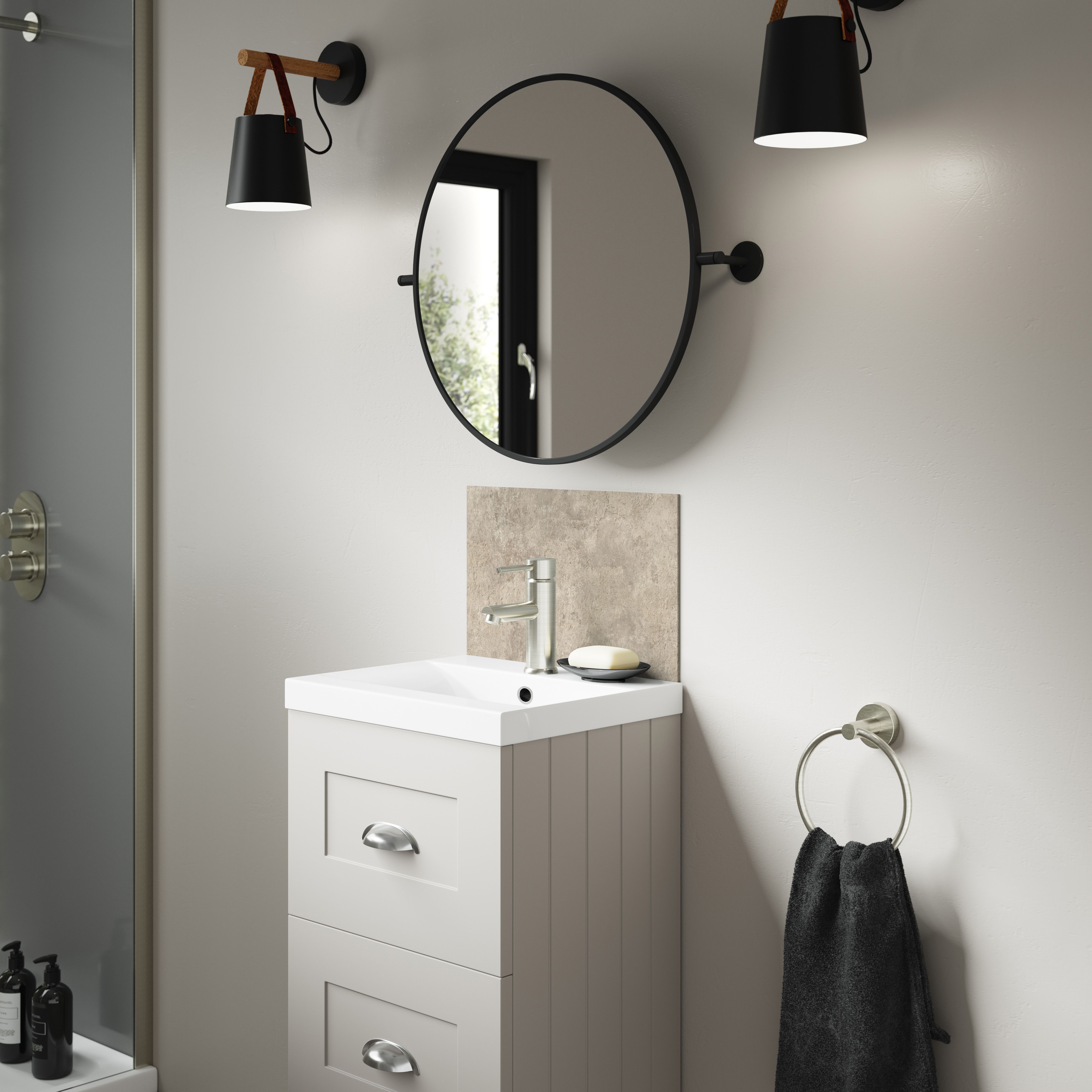 Splashwall Alloy Laminate Adhesive Bathroom Splashback (H)25cm (W)80cm - Matt Beige Treviso Travertine effect