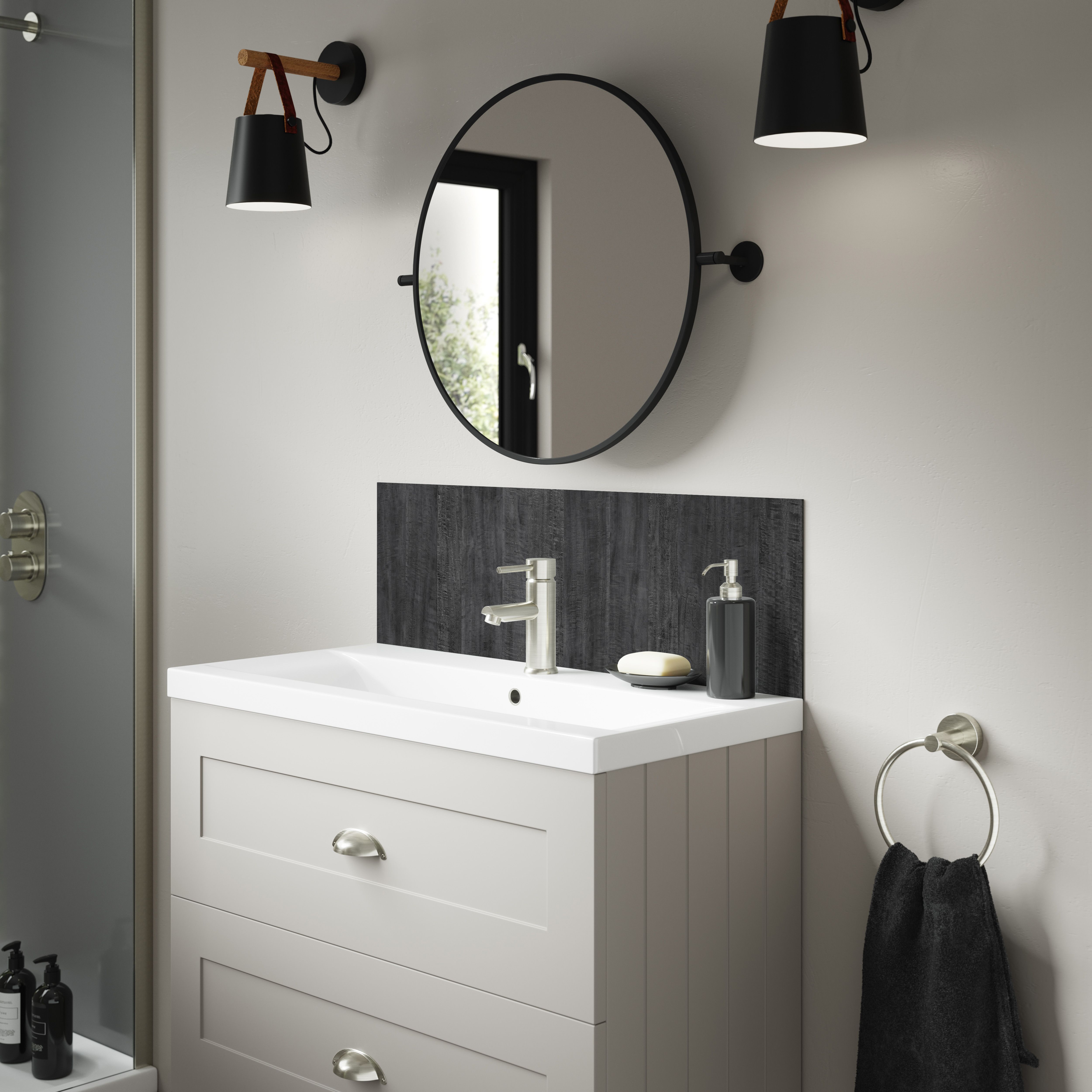 Splashwall Alloy Laminate Adhesive Bathroom Splashback (H)25cm (W)80cm - Matt Brown Eucalyptus Oak effect