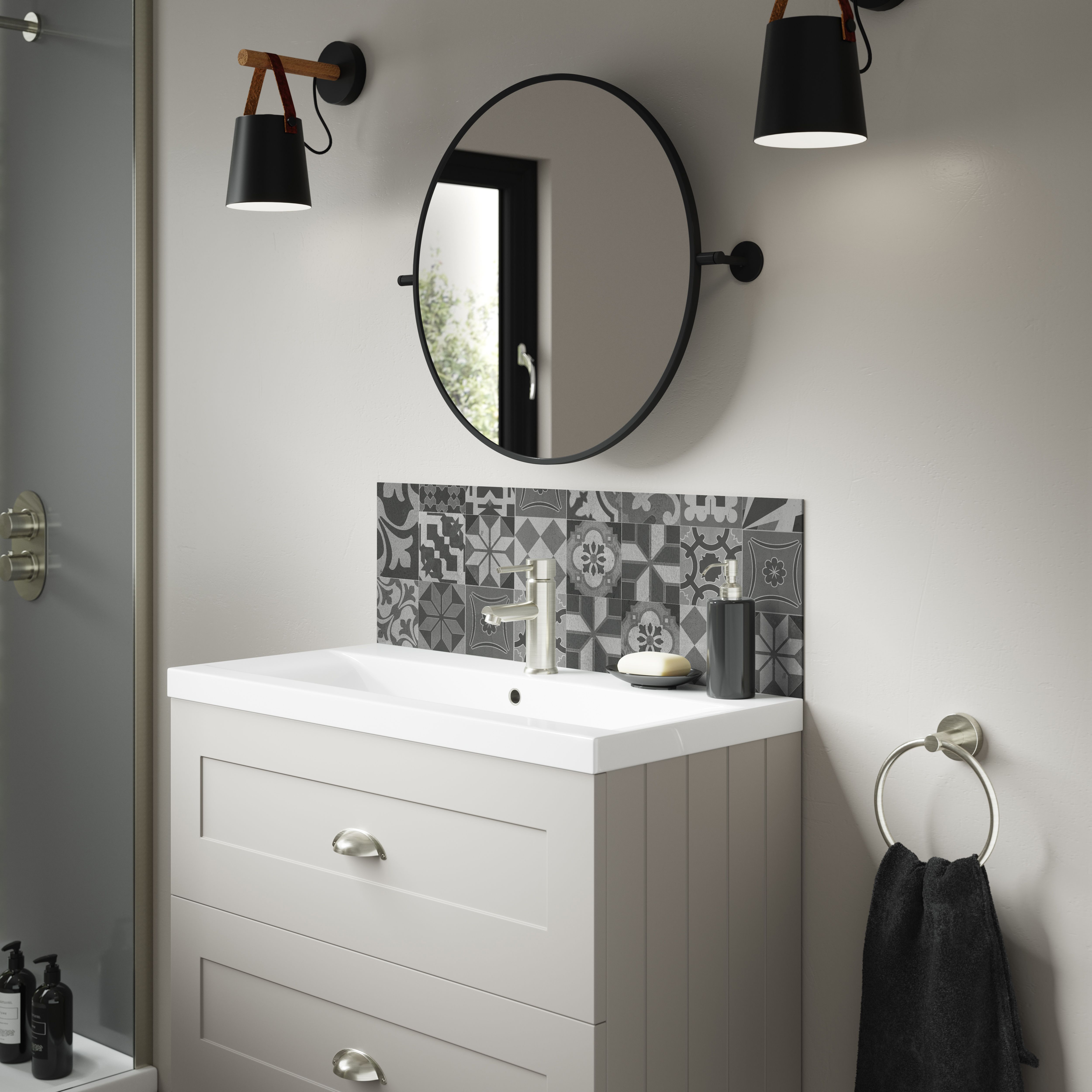 Splashwall Alloy Laminate Adhesive Bathroom Splashback (H)25cm (W)80cm - Matt Grey Abruzzo