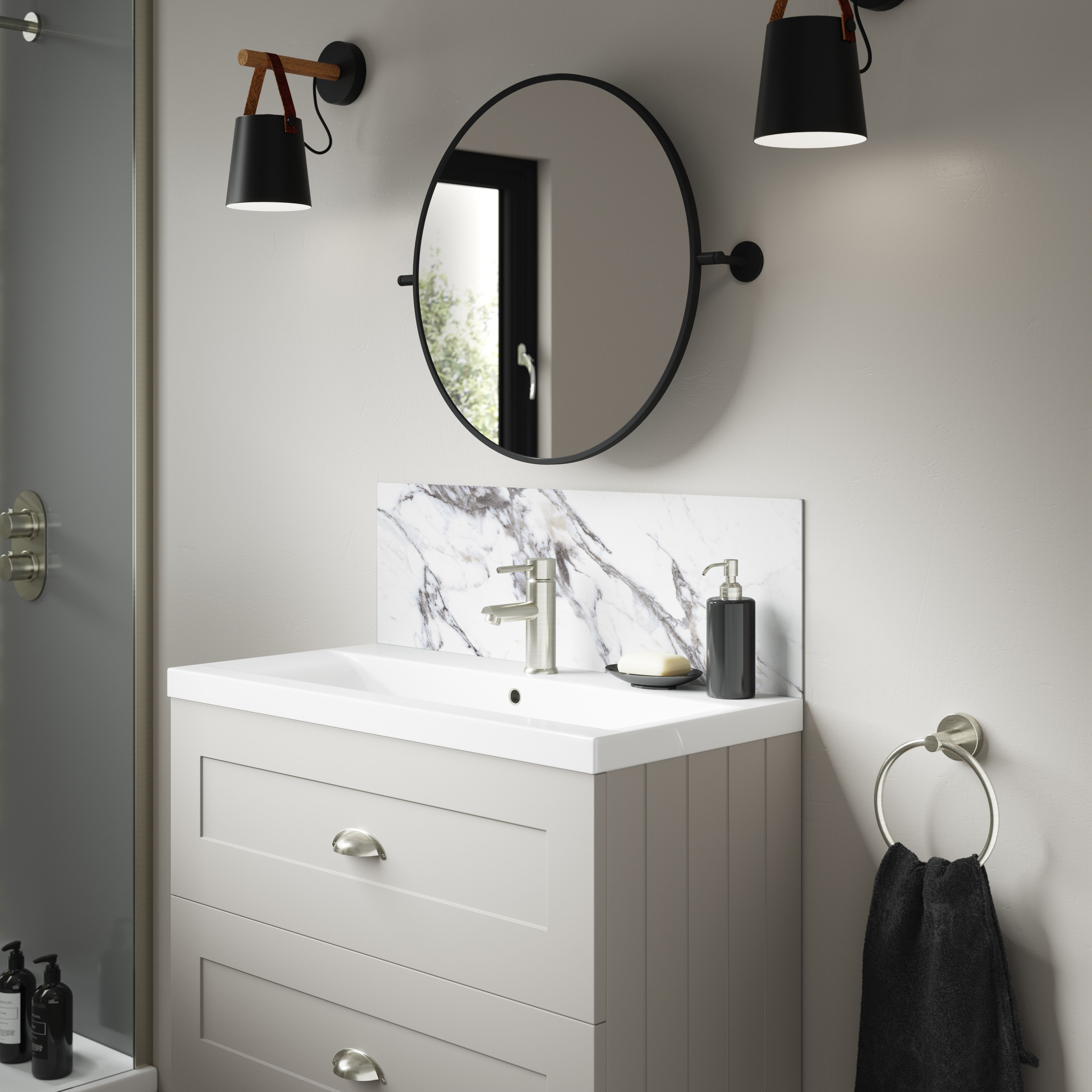 Splashwall Alloy Laminate Adhesive Bathroom Splashback (H)25cm (W)80cm - Matt White Marmo migliora Marble effect