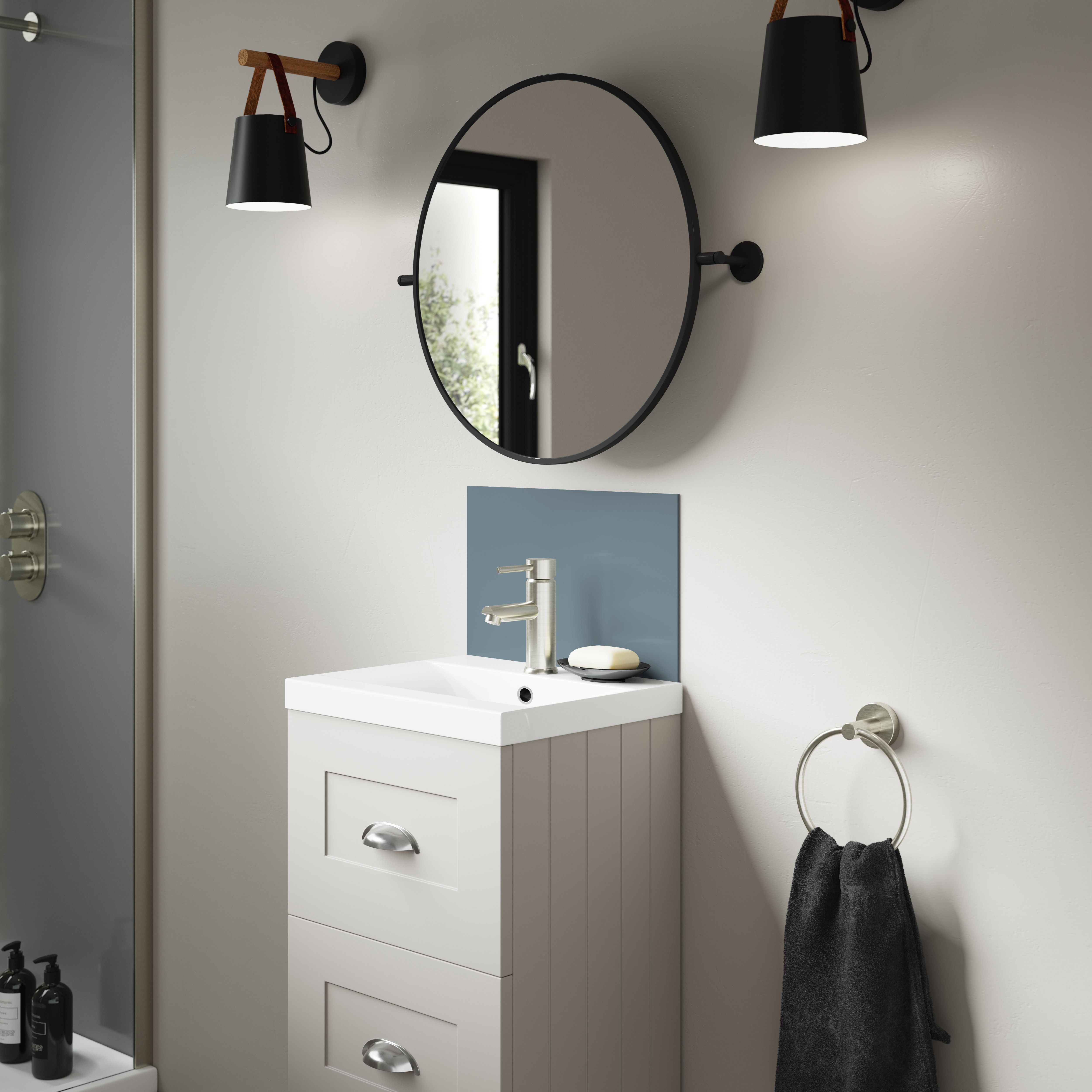 Splashwall Alloy Laminate Adhesive Double-sided Bathroom Splashback (H)25cm (W)40cm - Gloss Glacier white & Neptune blue Glass effect