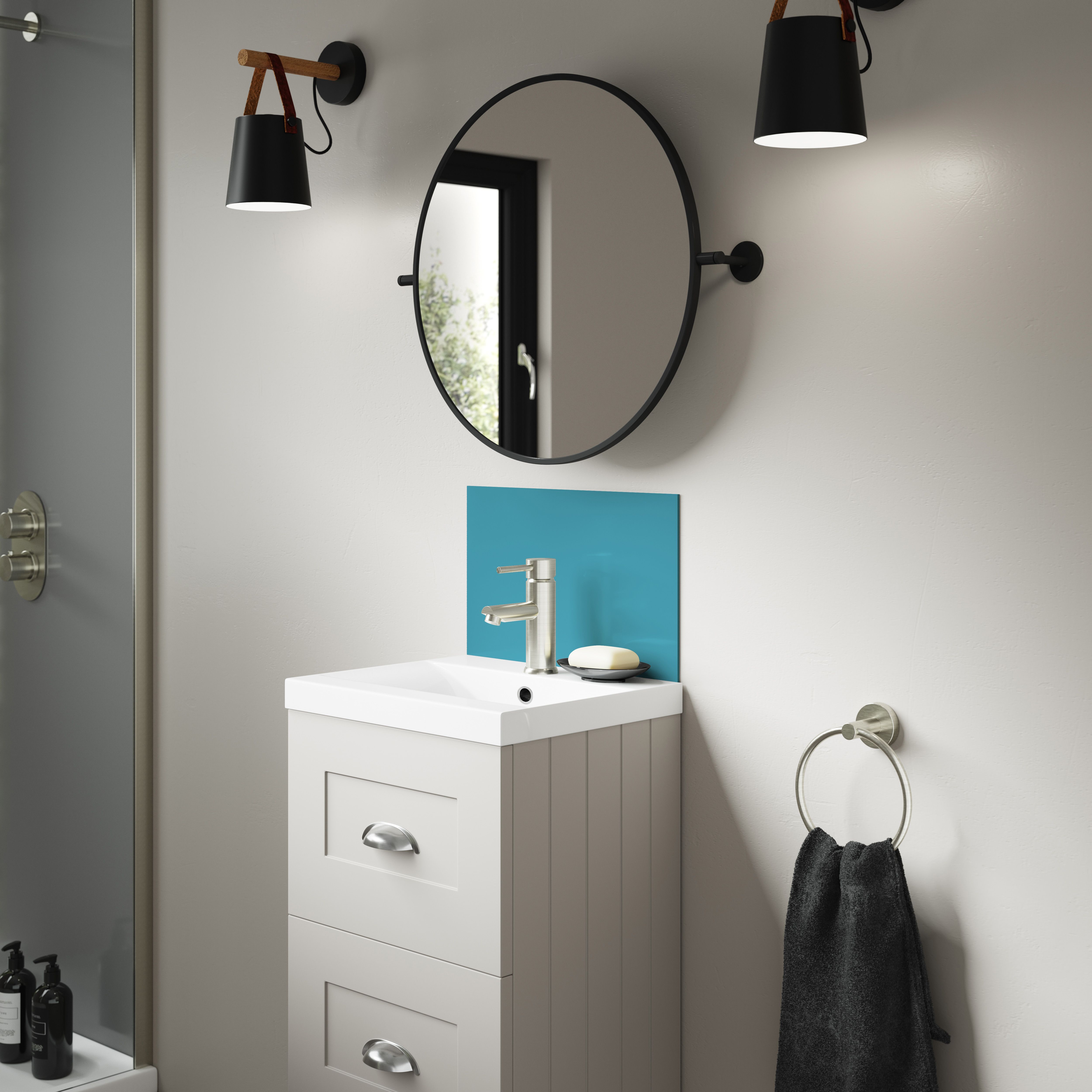 Splashwall Alloy Laminate Adhesive Double-sided Bathroom Splashback (H)25cm (W)40cm - Gloss Turquoise & slate grey Glass effect