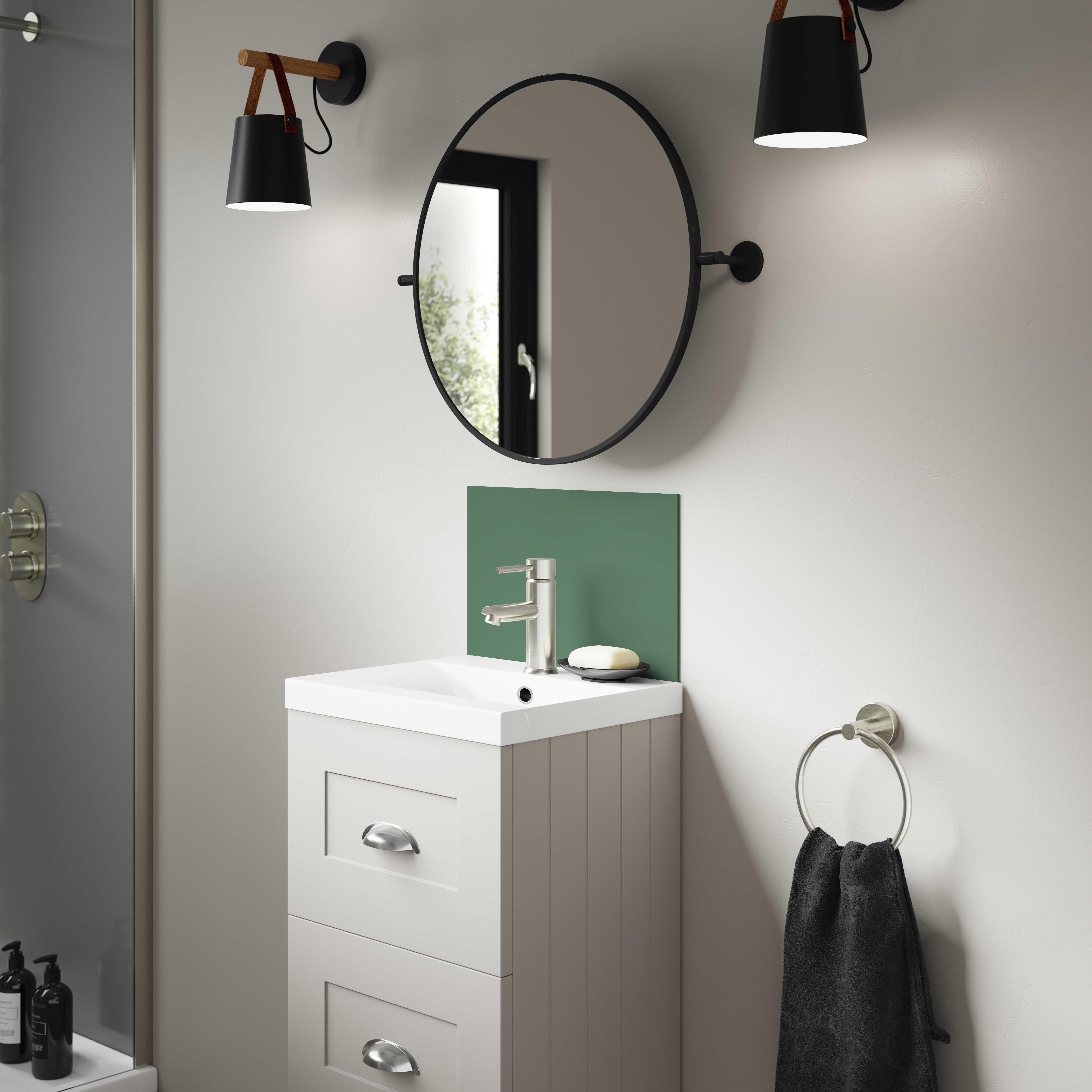 Splashwall Alloy Laminate Adhesive Double-sided Bathroom Splashback (H)25cm (W)40cm - Matt Sea foam green & battleship grey