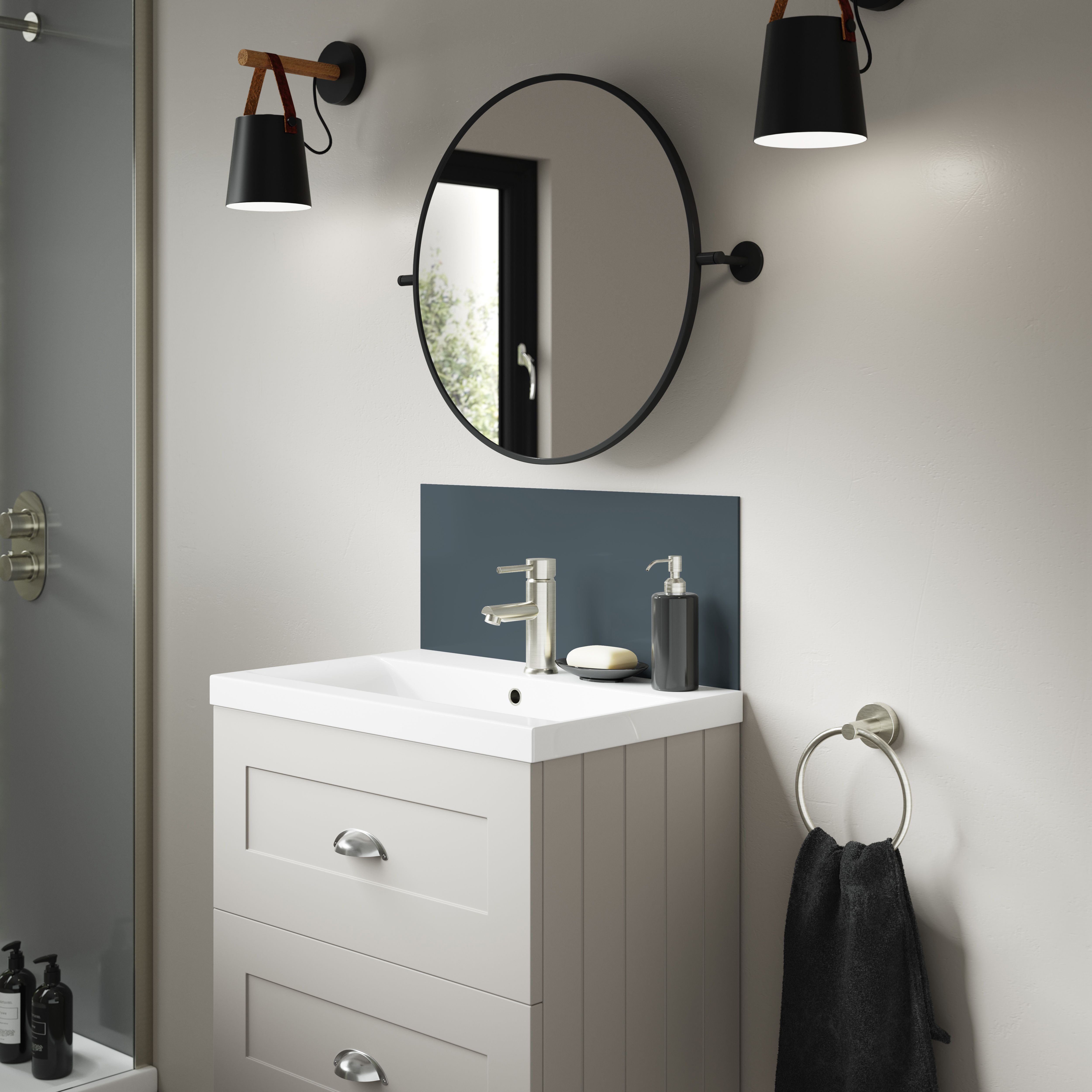 Splashwall Alloy Laminate Adhesive Double-sided Bathroom Splashback (H)25cm (W)60cm - Gloss Malibu grey & storm blue Glass effect