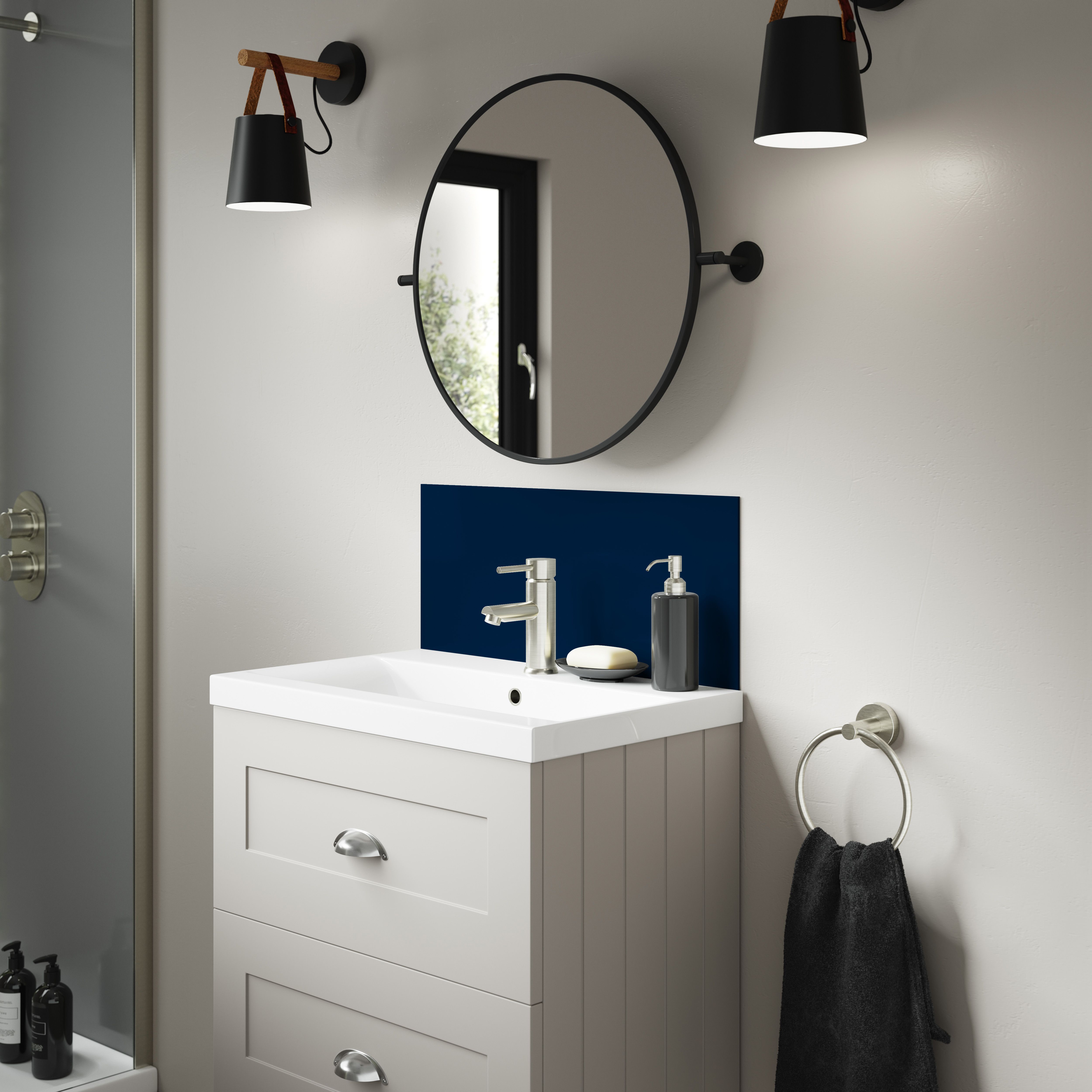 Splashwall Alloy Laminate Adhesive Double-sided Bathroom Splashback (H)25cm (W)60cm - Gloss Starry night blue & urban grey Glass effect