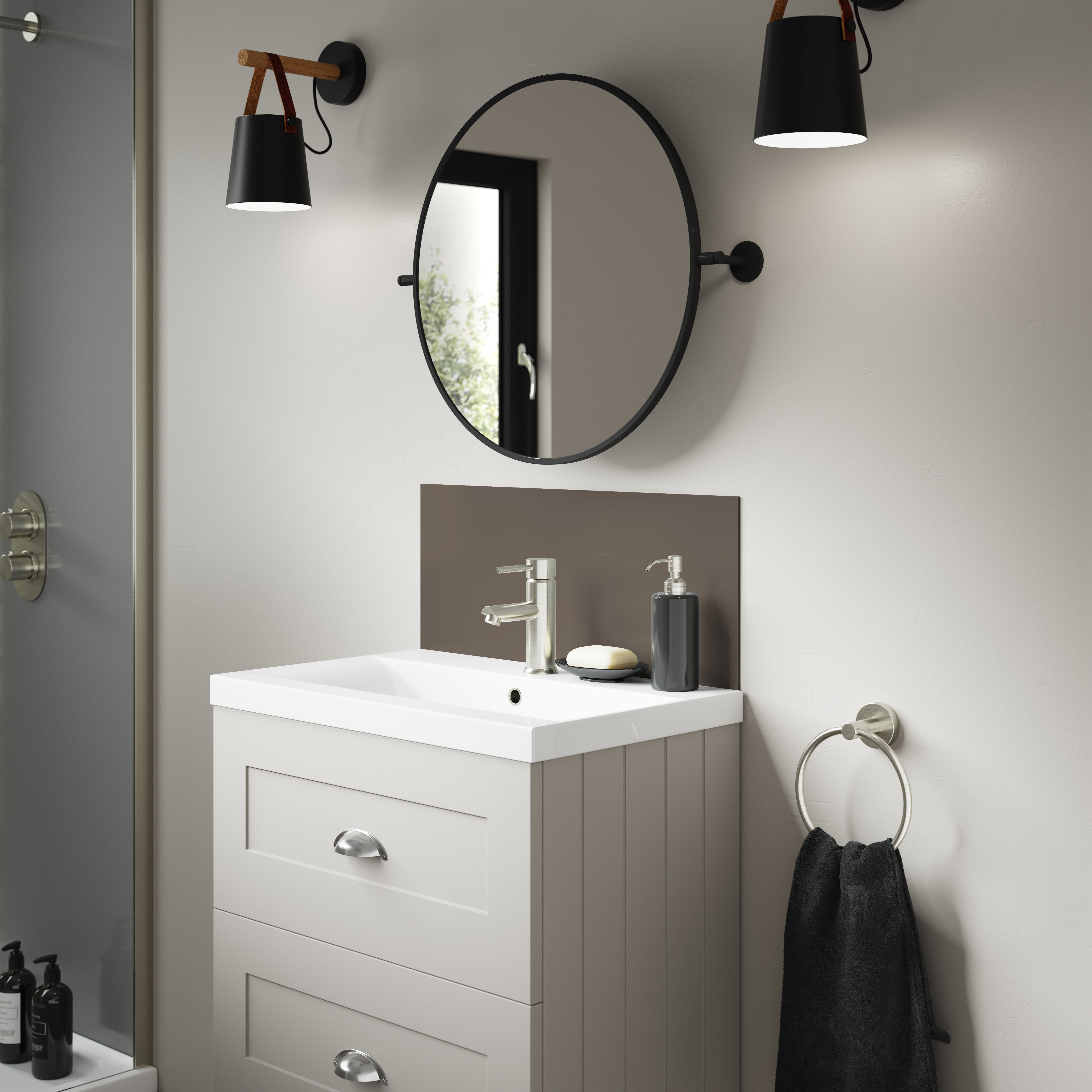 Splashwall Alloy Laminate Adhesive Double-sided Bathroom Splashback (H)25cm (W)60cm - Gloss Terra grey & sea breeze green Glass effect
