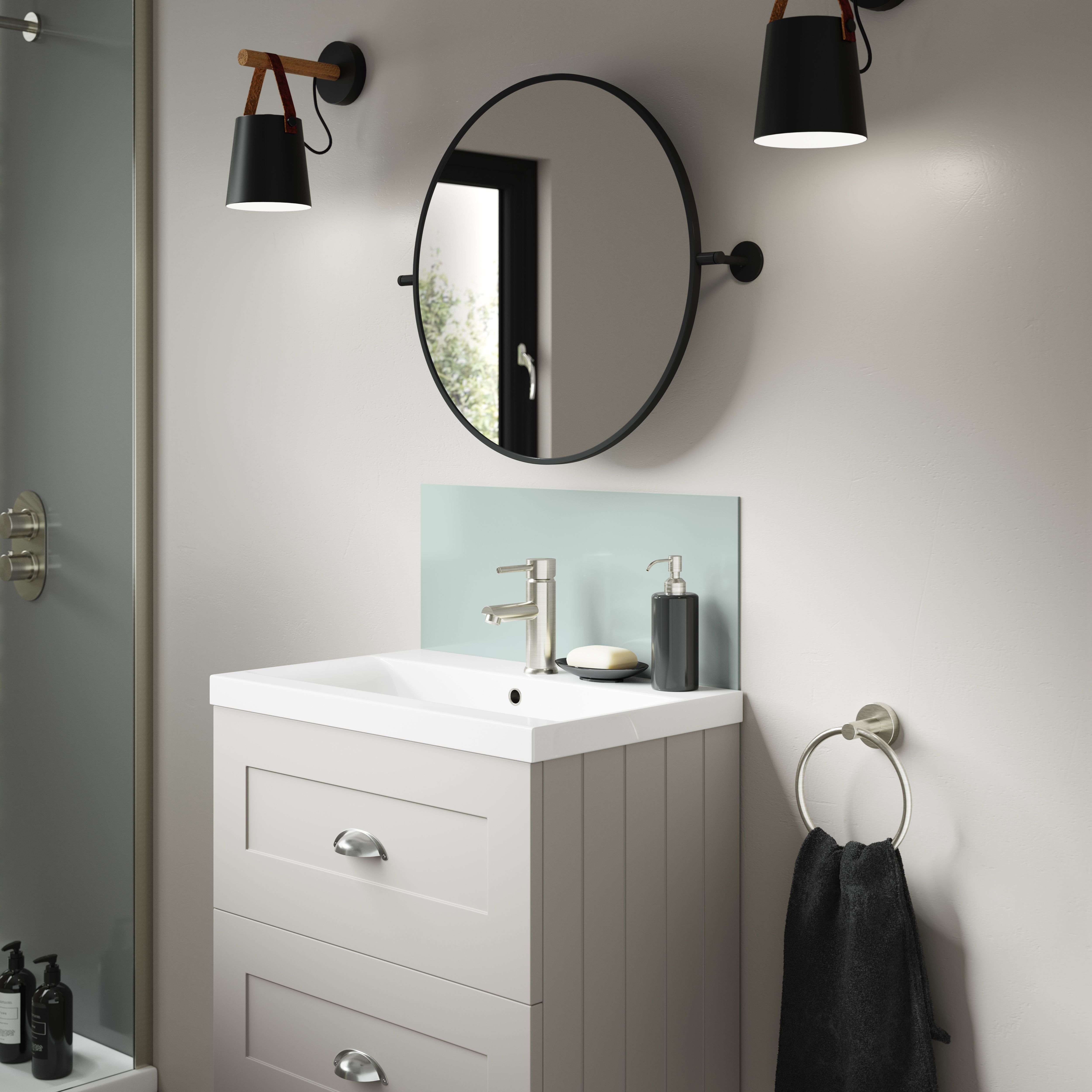 Splashwall Alloy Laminate Adhesive Double-sided Bathroom Splashback (H)25cm (W)60cm - Gloss Terra grey & sea breeze green Glass effect