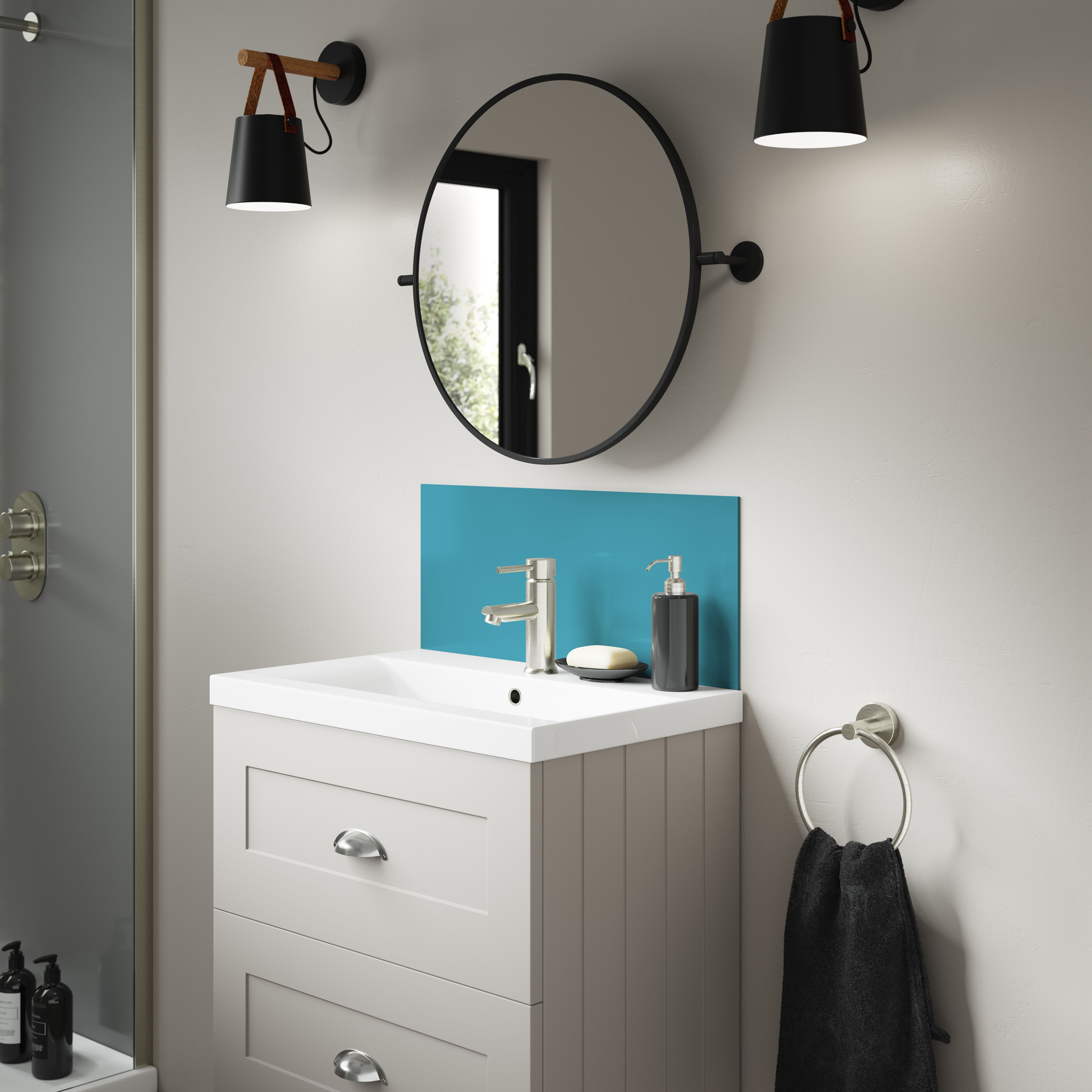 Splashwall Alloy Laminate Adhesive Double-sided Bathroom Splashback (H)25cm (W)60cm - Gloss Turquoise & slate grey Glass effect