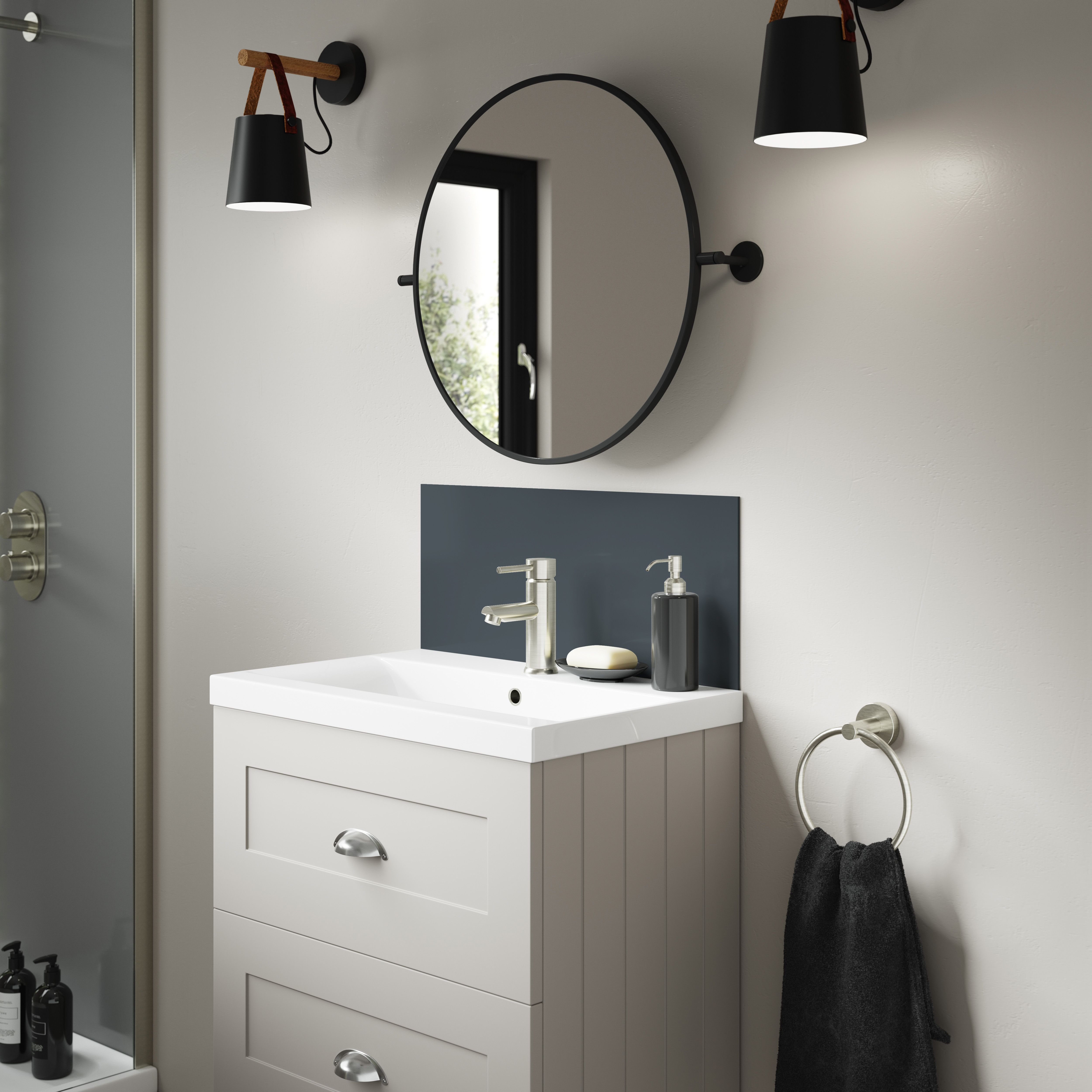 Splashwall Alloy Laminate Adhesive Double-sided Bathroom Splashback (H)25cm (W)60cm - Gloss Turquoise & slate grey Glass effect