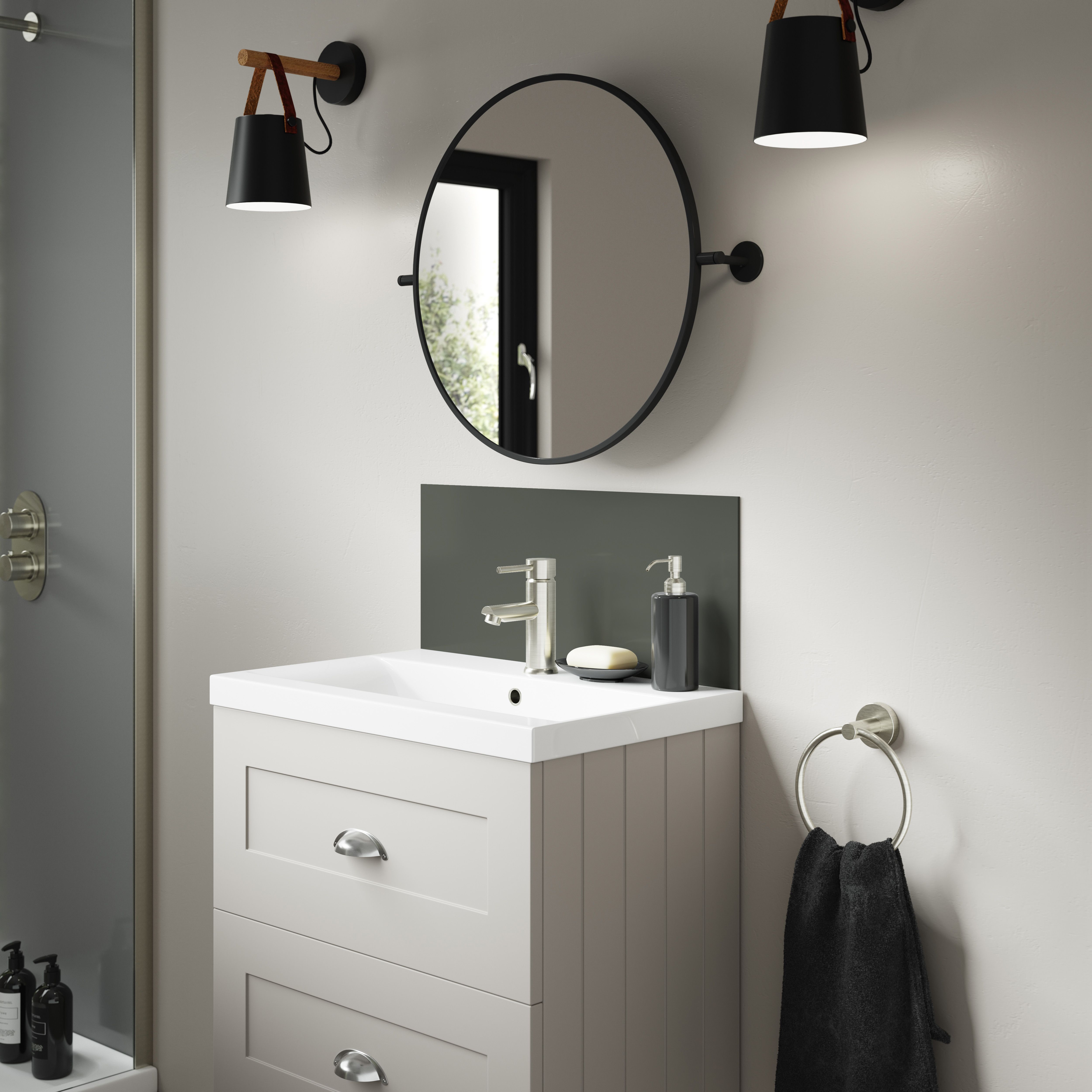 Splashwall Alloy Laminate Adhesive Double-sided Bathroom Splashback (H)25cm (W)60cm - Matt Sea foam green & battleship grey