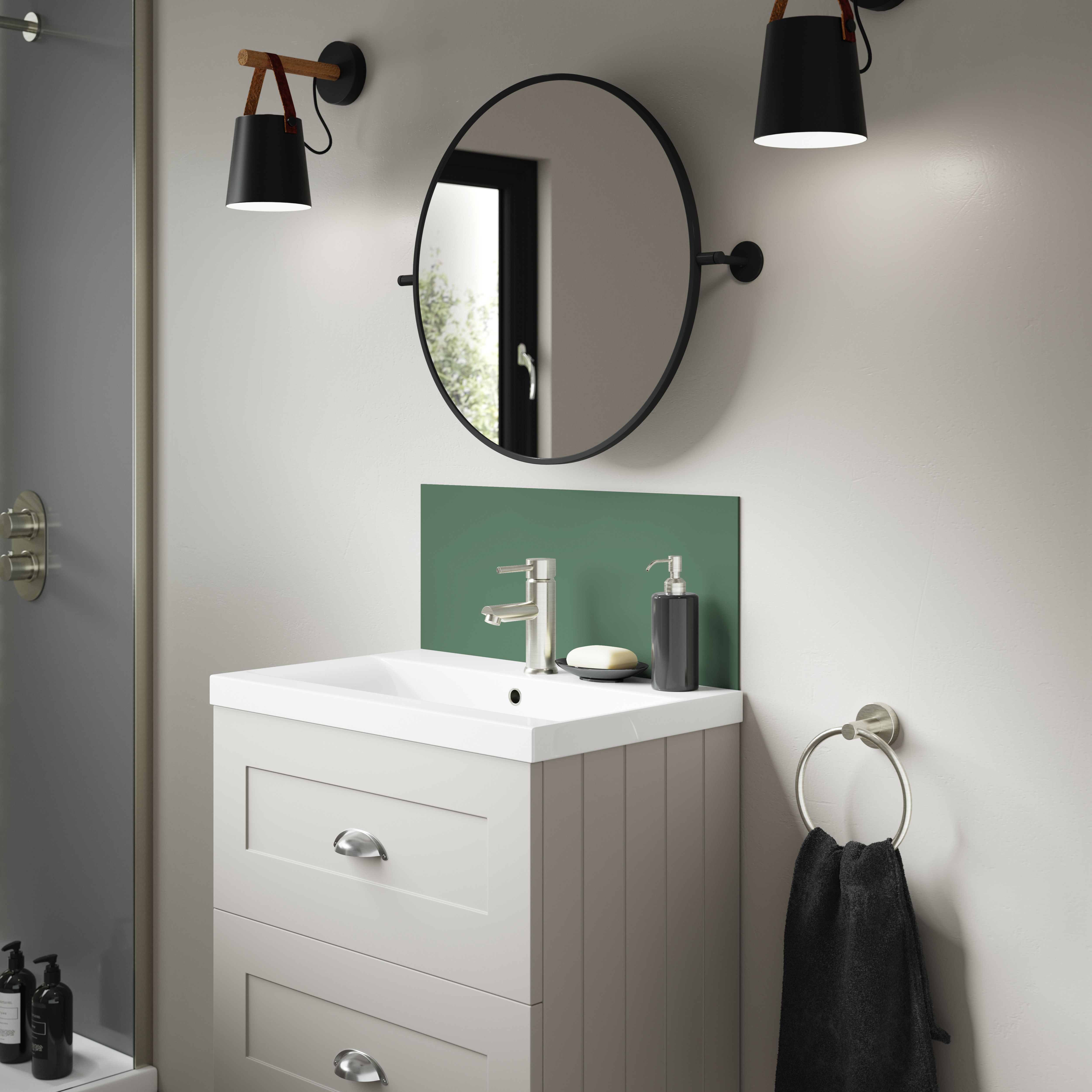 Splashwall Alloy Laminate Adhesive Double-sided Bathroom Splashback (H)25cm (W)60cm - Matt Sea foam green & battleship grey