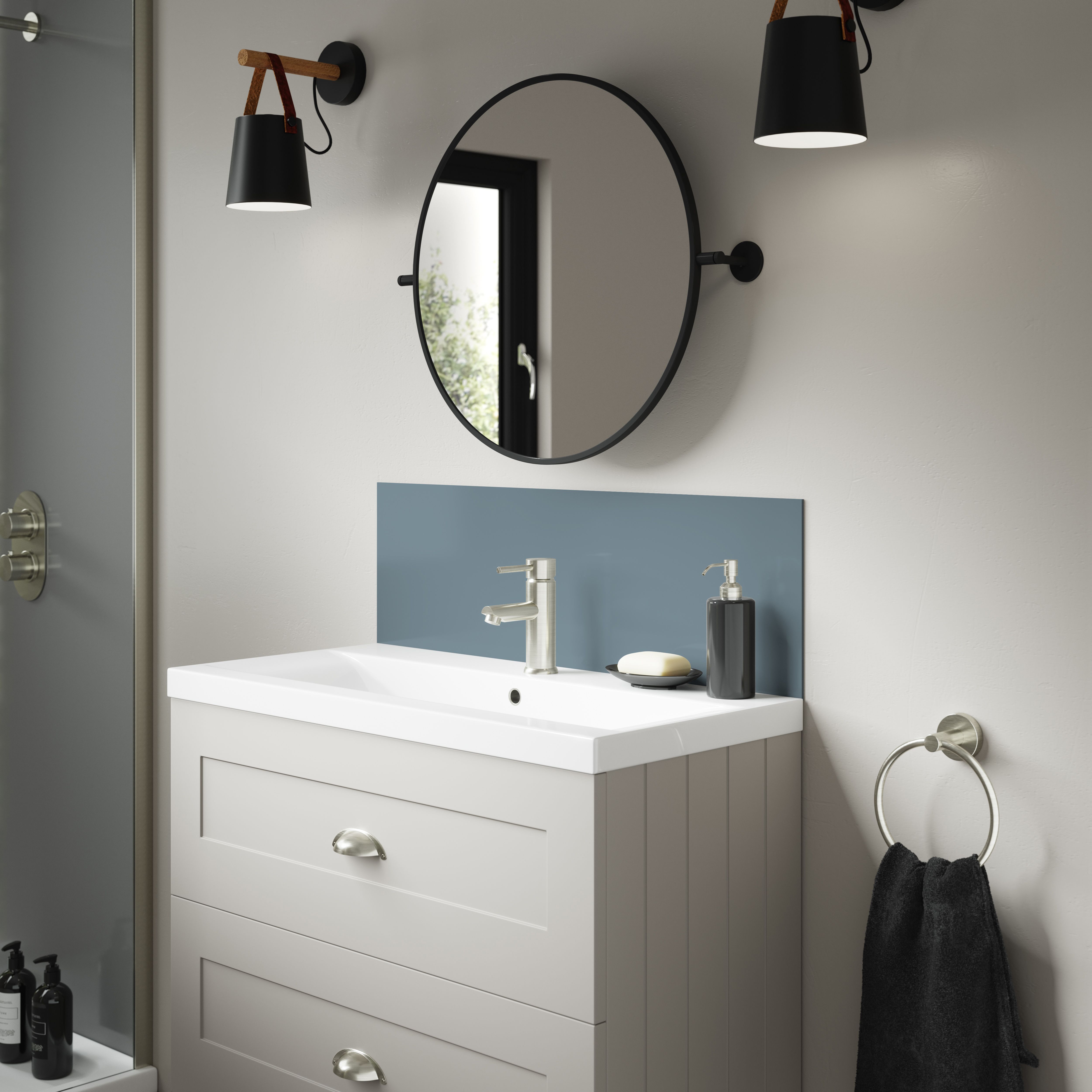 Splashwall Alloy Laminate Adhesive Double-sided Bathroom Splashback (H)25cm (W)80cm - Gloss Glacier white & Neptune blue Glass effect